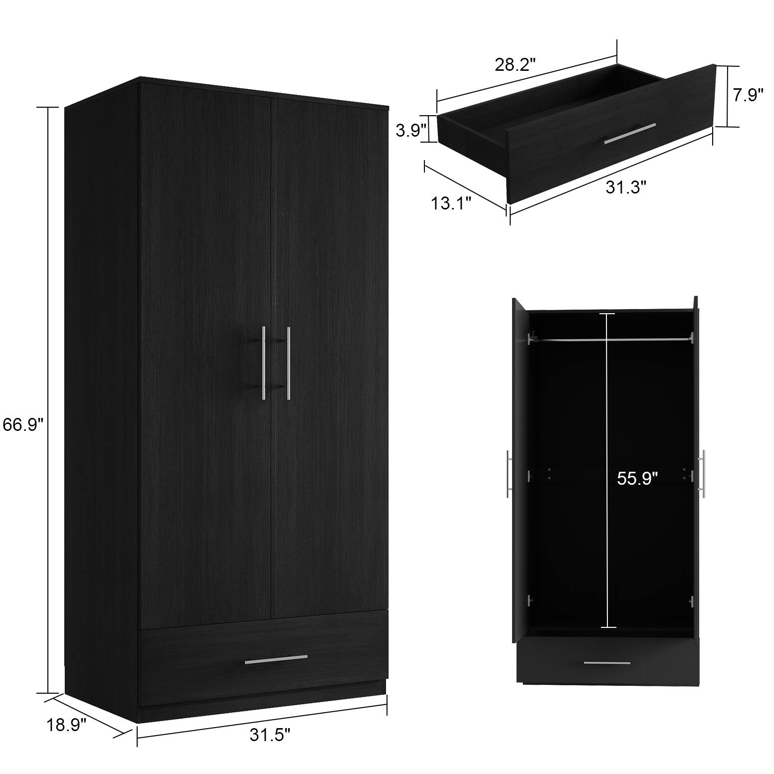 - Height: 66.9"
- Width: 31.5"
- Depth: 18.9"
- Drawer Height: 3.9"
- Drawer Width: 31.3"
- Drawer Depth: 7.9"
- Shelf Height: 13.1"
- Shelf Width: 28.2"
- Shelf Depth: 55.9"