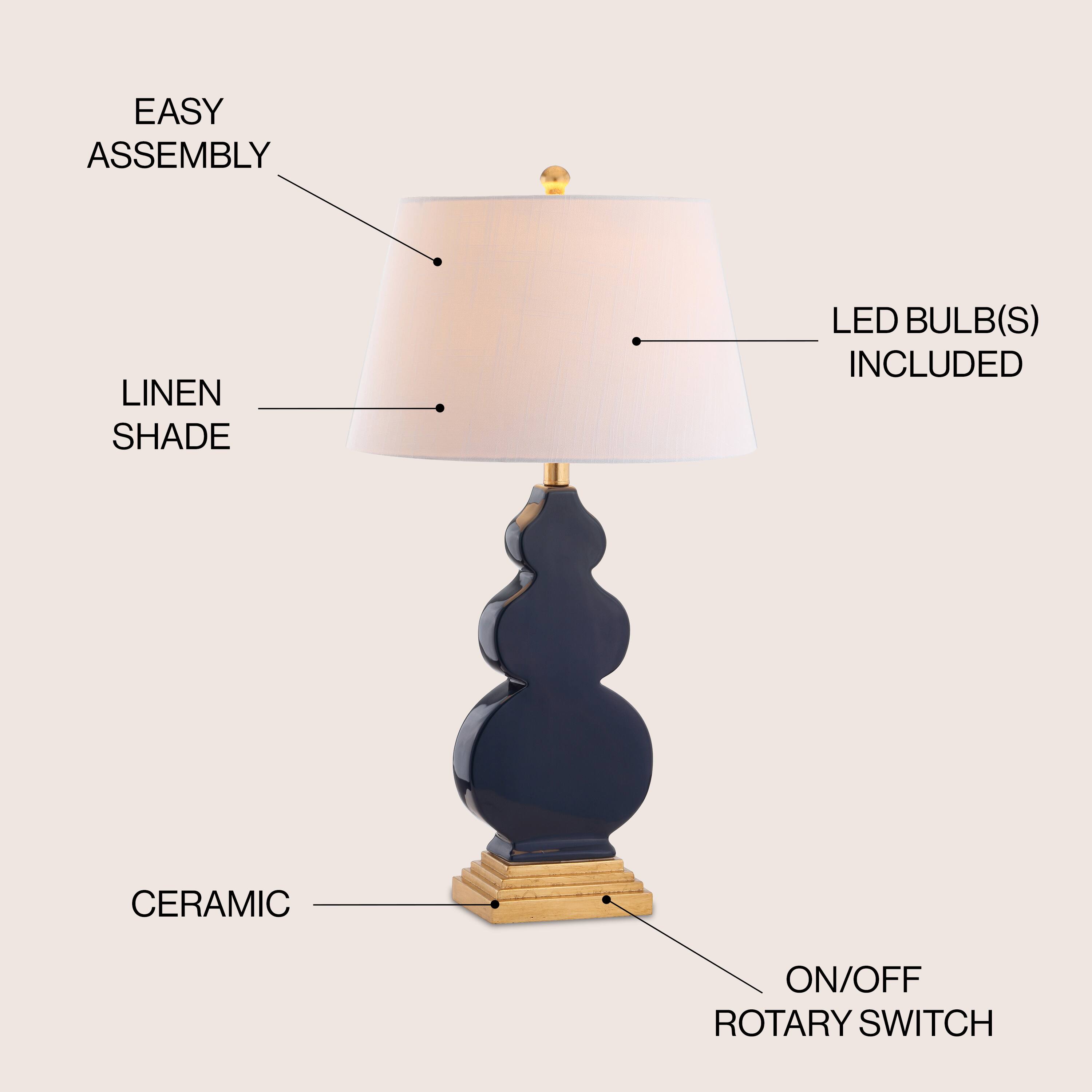 - EASY ASSEMBLY
- LINEN SHADE
- LED BULB(S) INCLUDED
- CERAMIC
- ON/OFF ROTARY SWITCH