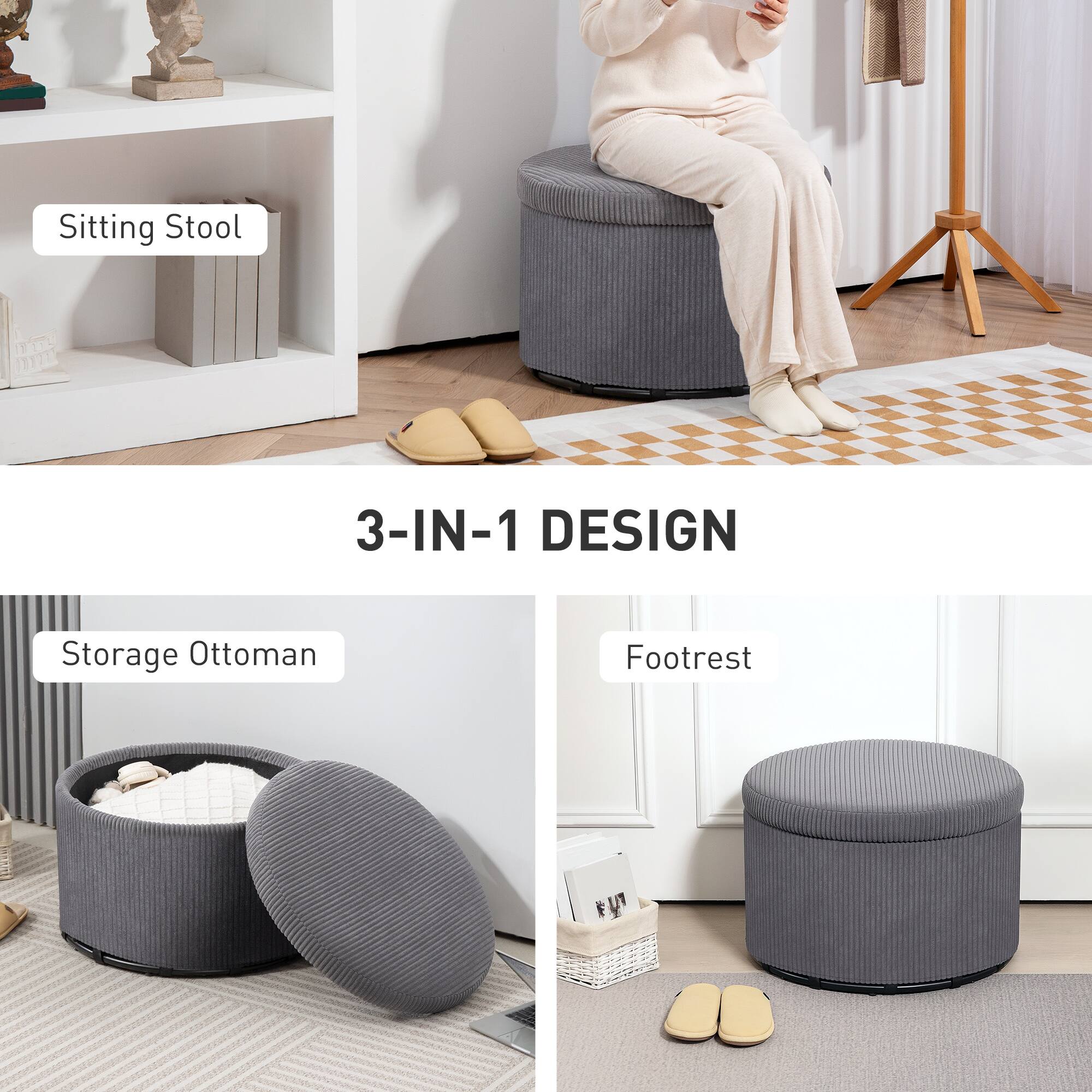Sitting Stool, 3-IN-1 DESIGN, Storage Ottoman, Footrest