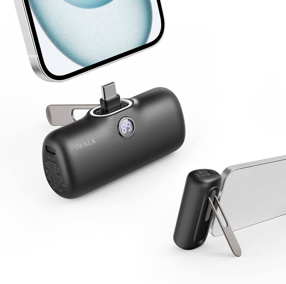 Front. iWalk - iWalk 5000mAh Portable Charger 20W PD Fast Charging Metal Stand iPhone 15/16, Samsung, Google. Nintendo Switch & More - Black.