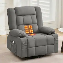 Kadyn - Oversized Swivel Recliner Chair with Massage & Heat, 350lb Capacity, 8 Vibration Modes, USB Port - Gray