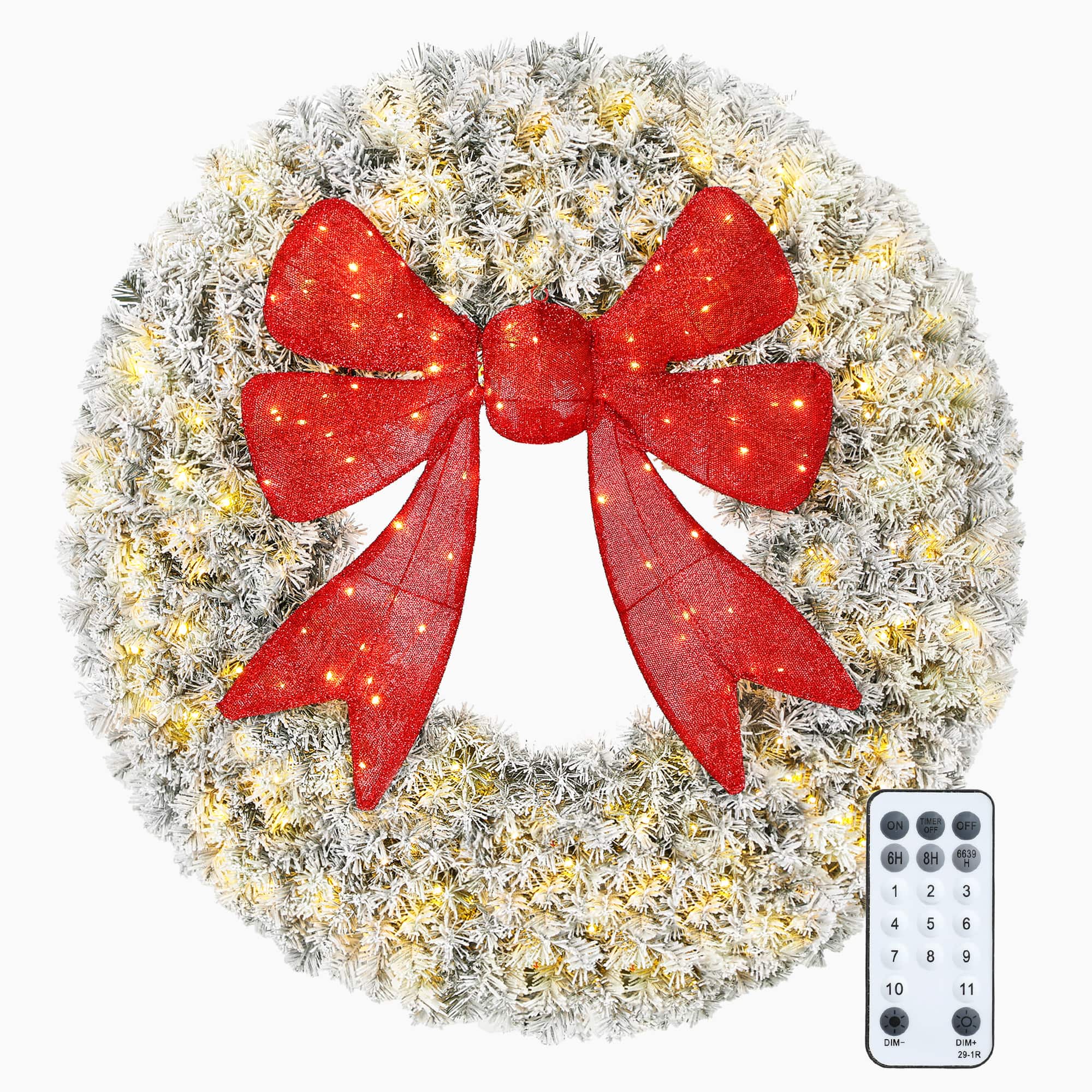 Homcom - 36in Flocked Pre-Lit Xmas Wreath, 3D Red Bow, 11 Modes, Remote, 140 LEDs, 300 Tips, Indoor Outdoor - Green