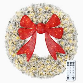 Homcom - 36in Flocked Pre-Lit Xmas Wreath, 3D Red Bow, 11 Modes, Remote, 140 LEDs, 300 Tips, Indoor Outdoor - Green