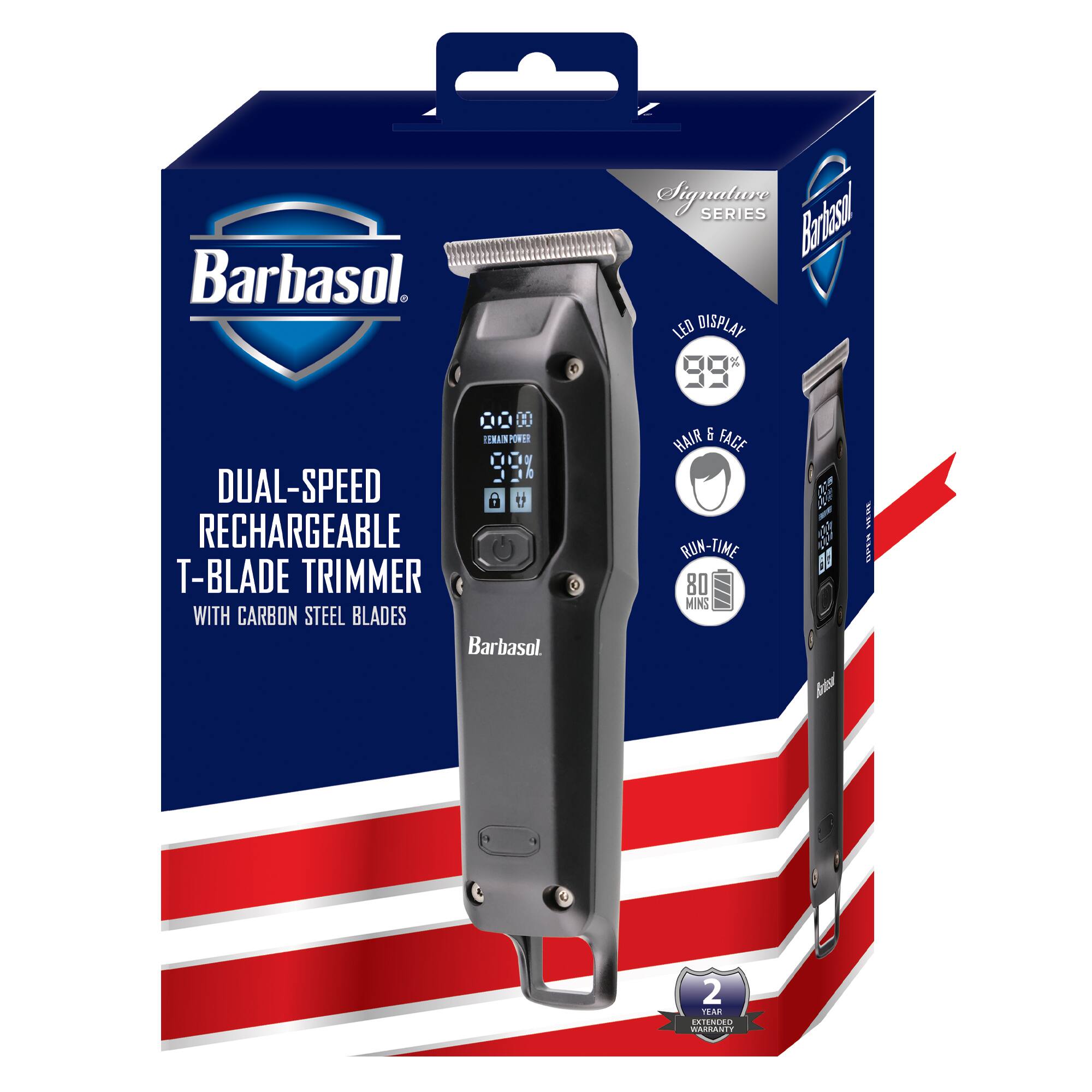 Barbasol Signature Series Bartosal LEO BISPLAY ETR 1 DUAL-SPEED 1 RECHARGEABLE T-BLADE TRIMMER WITH CARBON STEEL BLADES Barbasol. HAIR & FACE RUN-TIME 80 MINS 2 YEAR WARRANTY