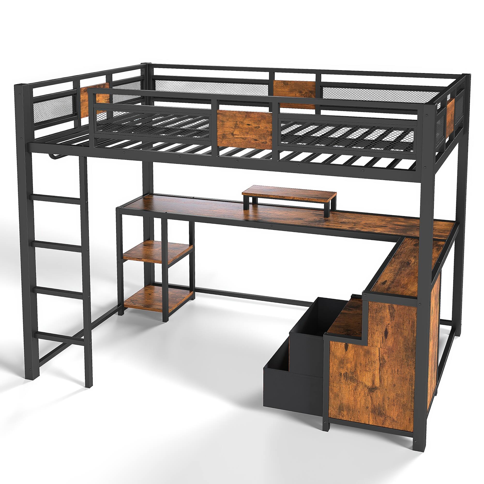 Alt View 1. Anysun - Twin XL Loft Bed w/ Desk, Fabric Drawers, Metal Frame, Ladders, Noise-Free, No Box Spring Needed - Black.