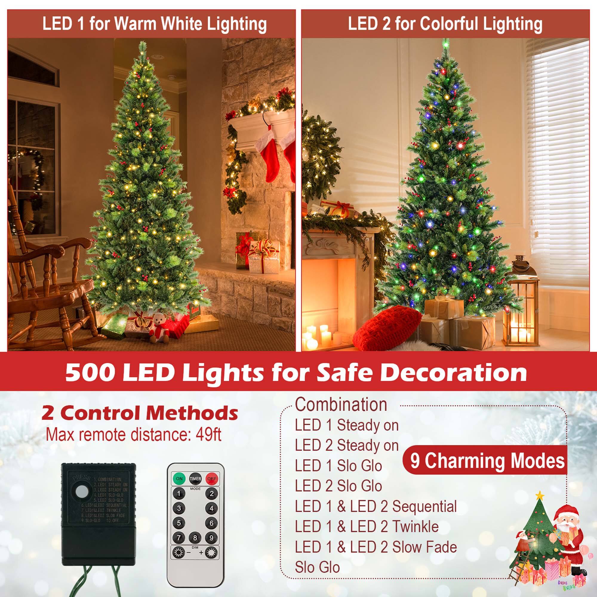 LED 1 for Warm White Lighting LED 2 for Colorful Lighting 500 LED Lights for Safe Decoration Combination 2 Control Methods LED 1 Steady on Max remote distance: 49ft LED 2 Steady on LED 1 Slo Glo 9 Charming Modes - ON THE OEF U iHan a LED 2 Slo Glo LEAIT  a 412 9203 1 2 S00 ad LED 1 & LED 2 L1218.100 1MA L SIML Tas 3 4 Sequential  12.01 5 B LED 1 & LED 2 Twinkle 7 8 9 - + LED 1 & LED 2 Slow Fade Slo Glo