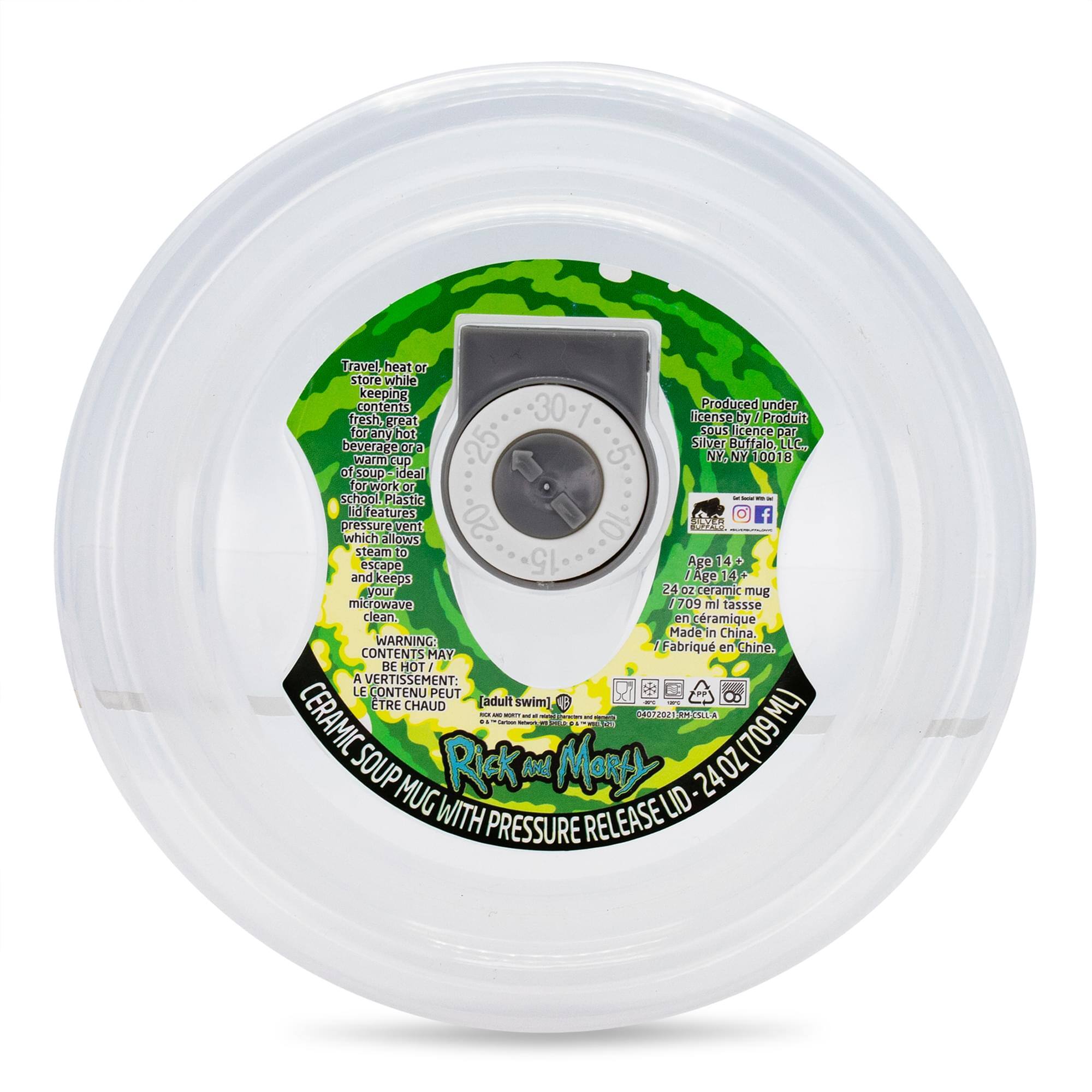 Travel, heat or store while keeping contents fresh. Great for any hot beverage or soup. Ideal for work or school. Plastic lid features pressure vent which allows steam to escape and keeps your mug clean. Age 14+. 24 oz ceramic mug. Made in China. WARNING: CONTENTS MAY BE HOT. A VERTISSEMENT: LE CONTENU PEUT ÊTRE CHAUD. Produced under license by: Sous licence par: Buffalo, NY, NY 10018. Rick and Morty. CERAMIC SOUP MUG WITH PRESSURE RELEASE LID - 24 OZ (709 ML).