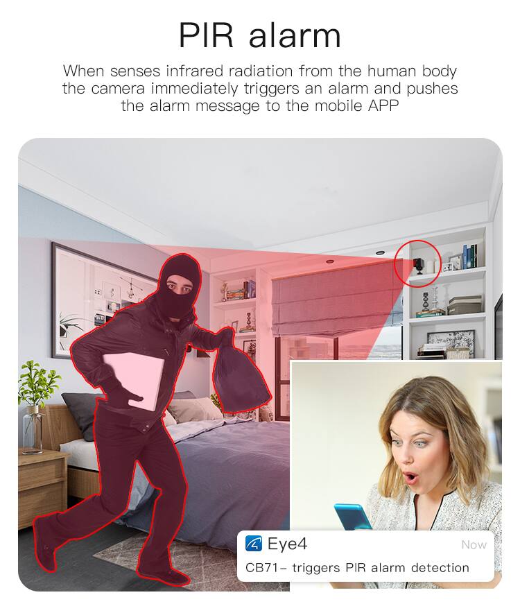 PIR alarm

When senses infrared radiation from the human body, the camera immediately triggers an alarm and pushes the alarm message to the mobile APP

Eye4 CB71 - triggers PIR alarm detection