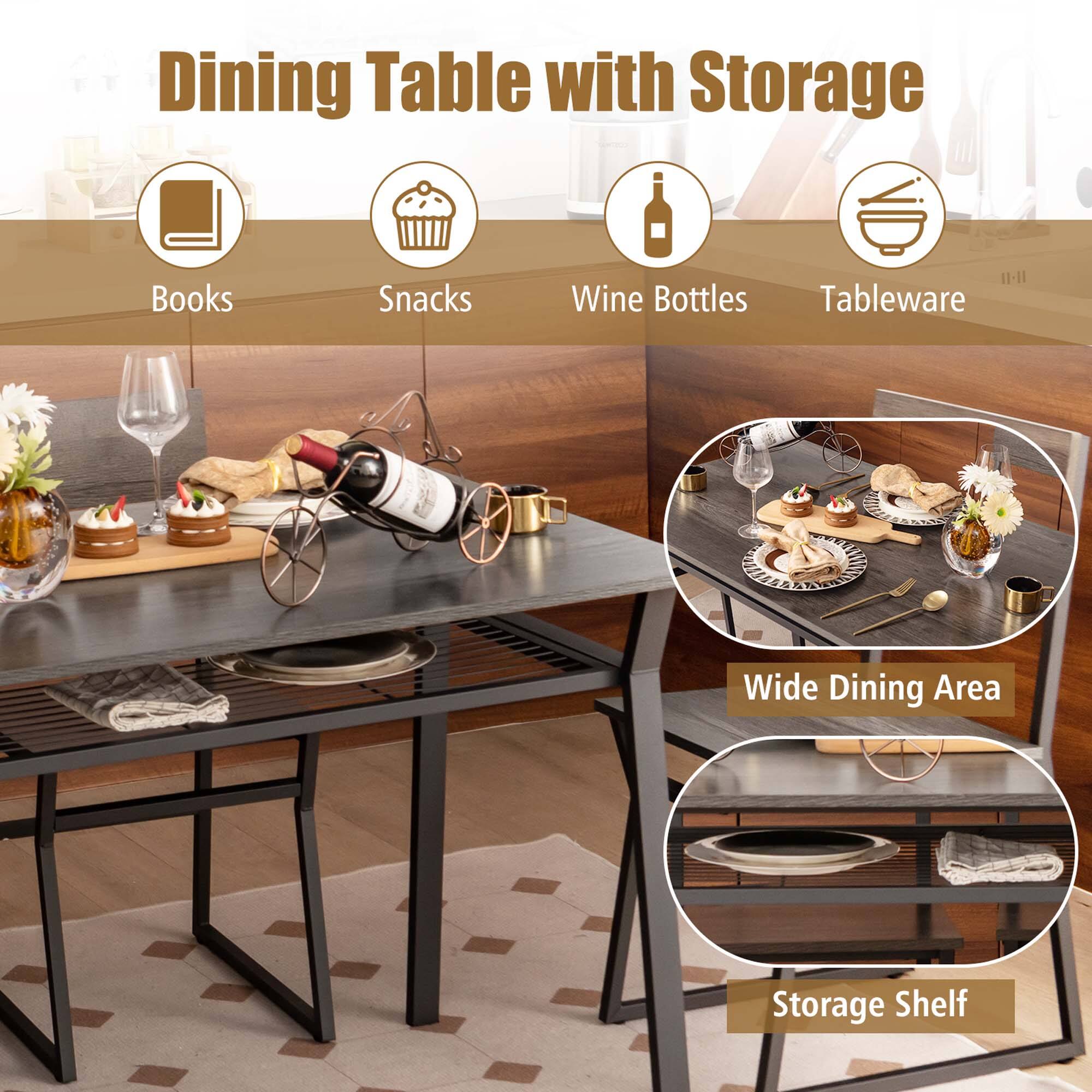 Dining Table with Storage: Books, Snacks, Wine Bottles, Tableware, Wide Dining Area, Storage Shelf.