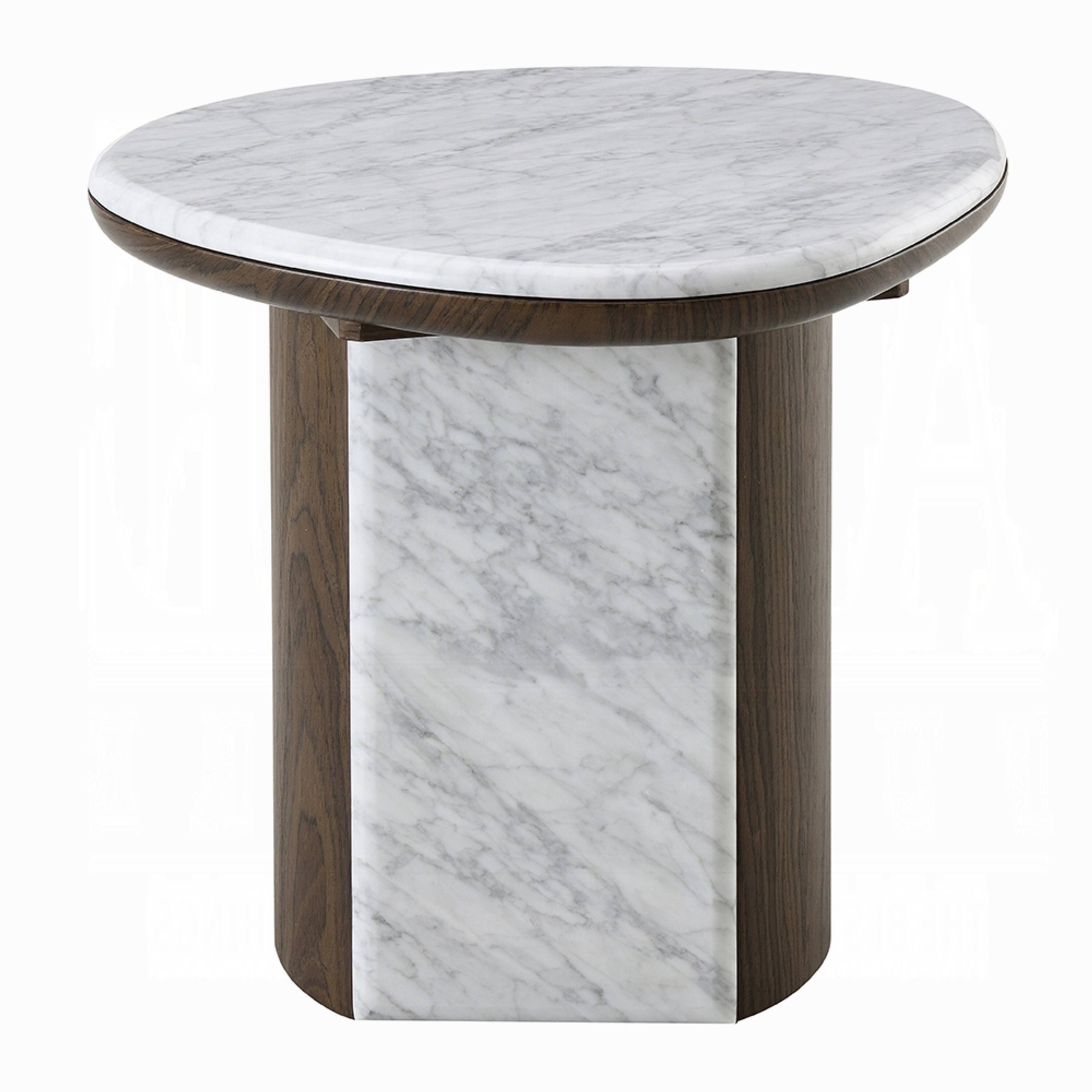Alt View 3. Manhattan Lane - Jima Side End Table, 20 Inch White Marble Top, Brown Veneer Base - White, Gray, Brown.