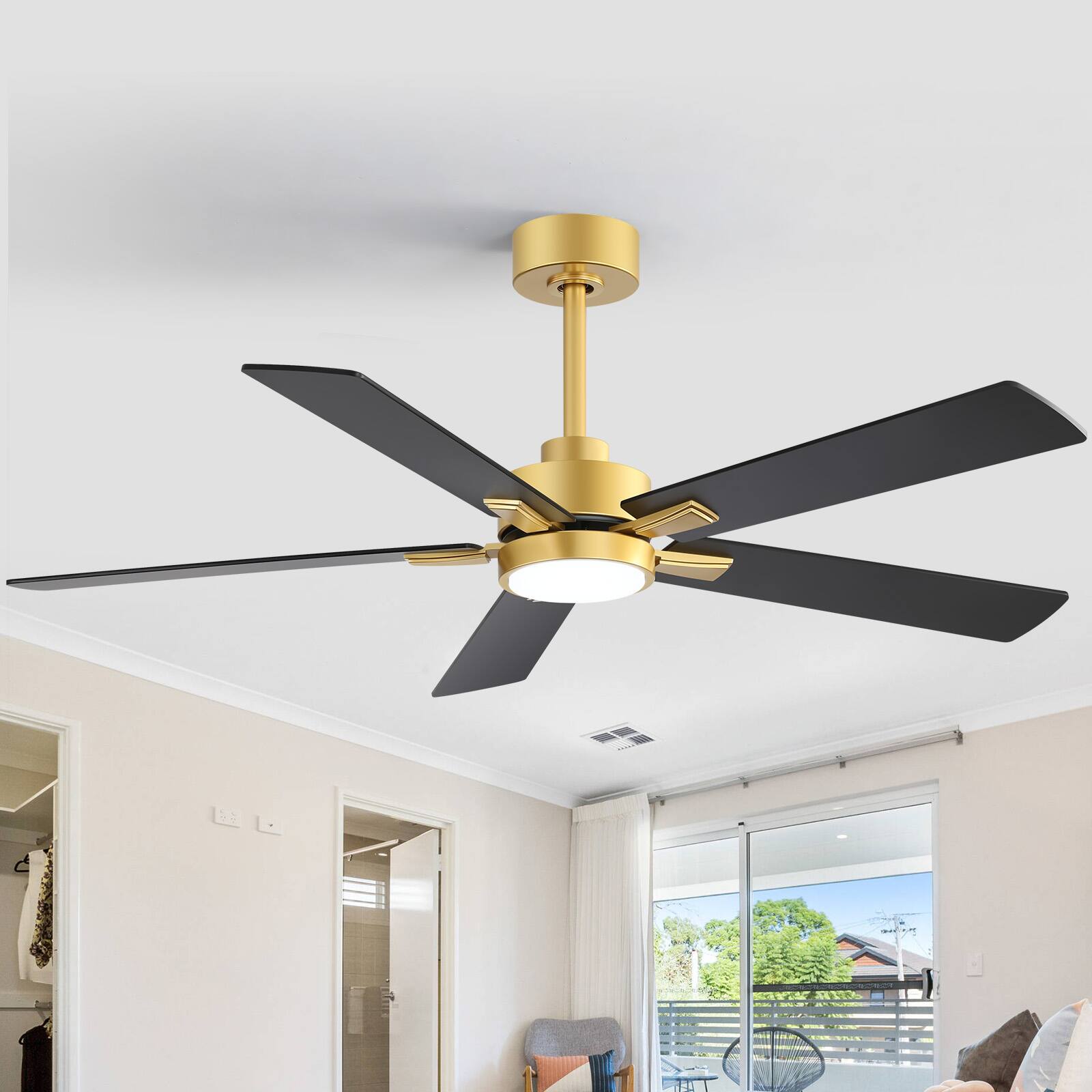 Left. Breezary - 52" Modern Indoor Ceiling Fan with LED Light, 5 Reversible Plywood Blades, 6-Speed DC Motor, Remote, Timer, 5" Downrod - Gold and Matte Black.