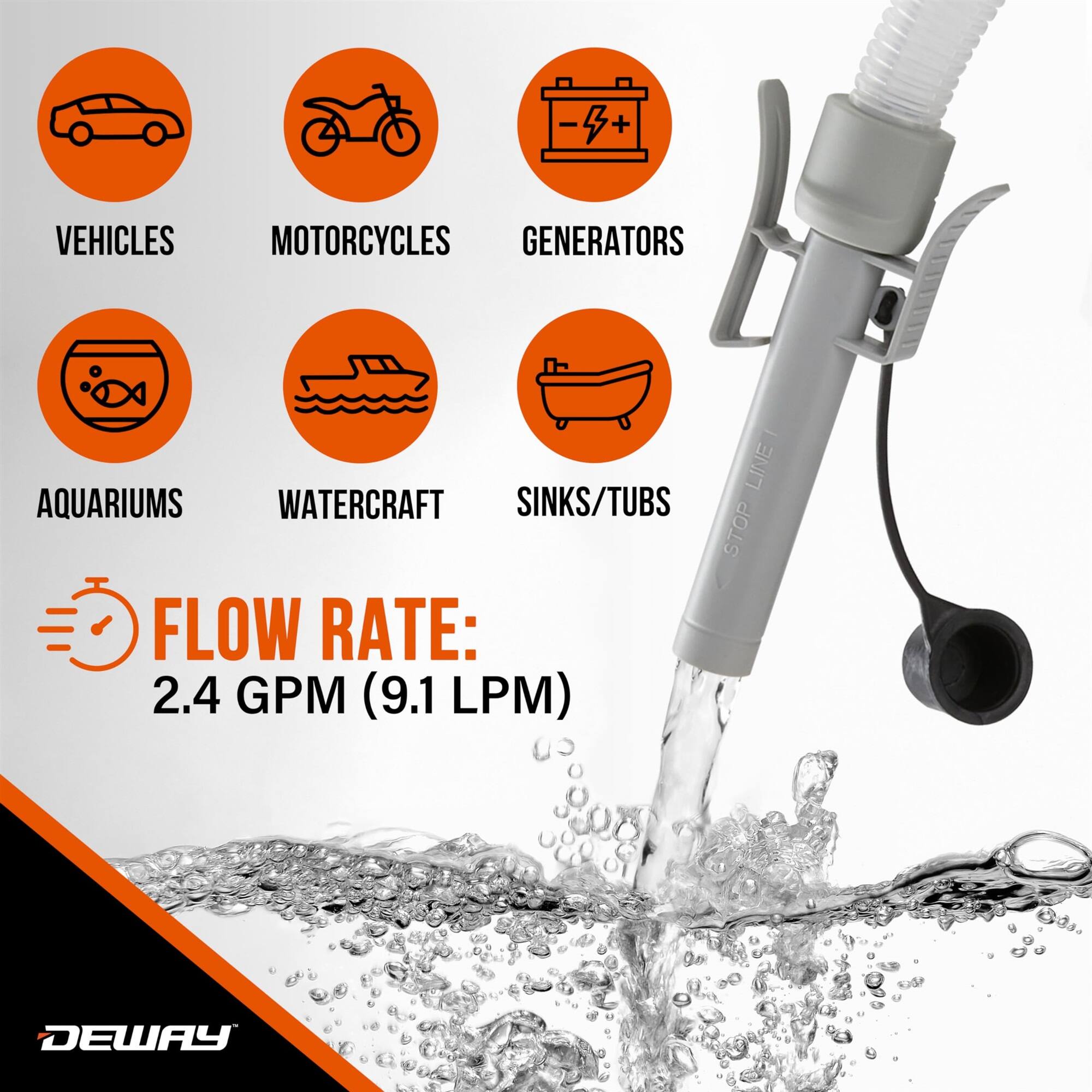 + VEHICLES MOTORCYCLES GENERATORS - LINE AQUARIUMS WATERCRAFT SINKS/TUBS STOP FLOW RATE: 2.4 GPM (9.1 LPM) DEWAY