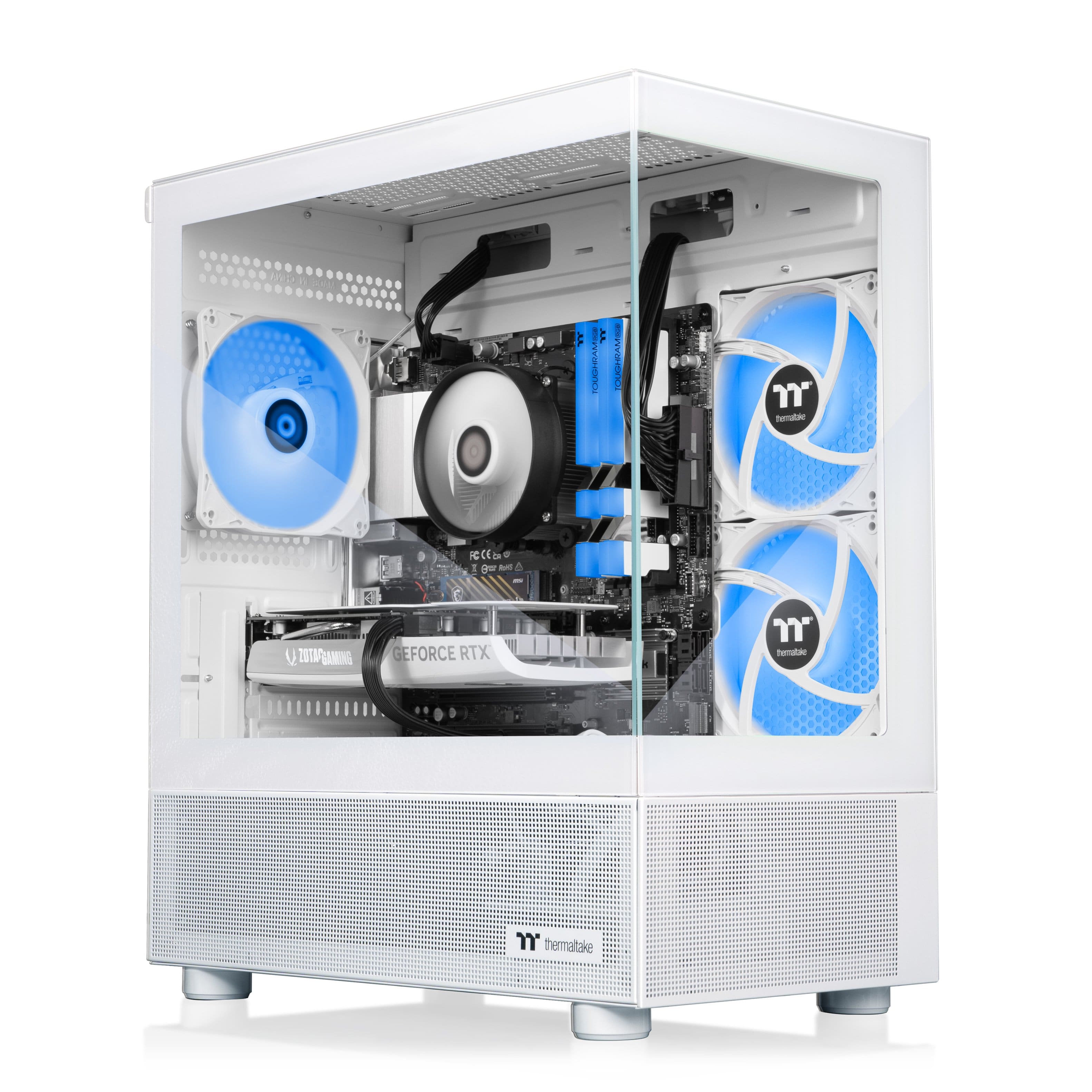 The image shows a white computer case with a clear glass door, revealing the inner components of the computer. The case is equipped with a GeForce RTX 3080 graphics card, which is a powerful gaming card. The case also features two blue fans, which are likely used for cooling the system. The overall design of the case is sleek and modern, making it an attractive choice for gamers and enthusiasts.
