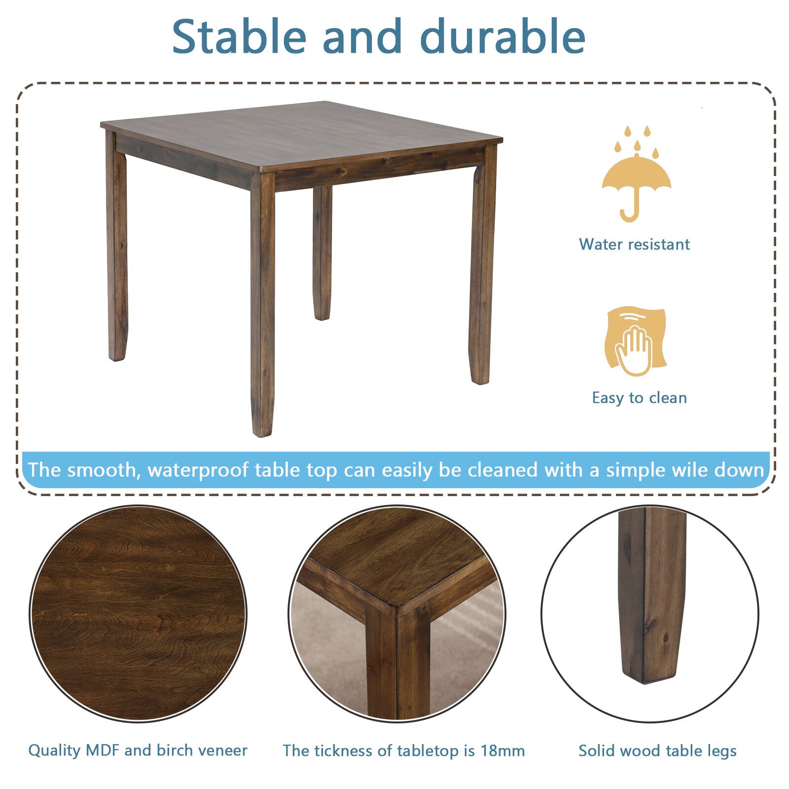 Stable and durable

- Water resistant
- Easy to clean

The smooth, waterproof table top can easily be cleaned with a simple wipe down

- Quality MDF and birch veneer
- The thickness of tabletop is 18mm
- Solid wood table legs
