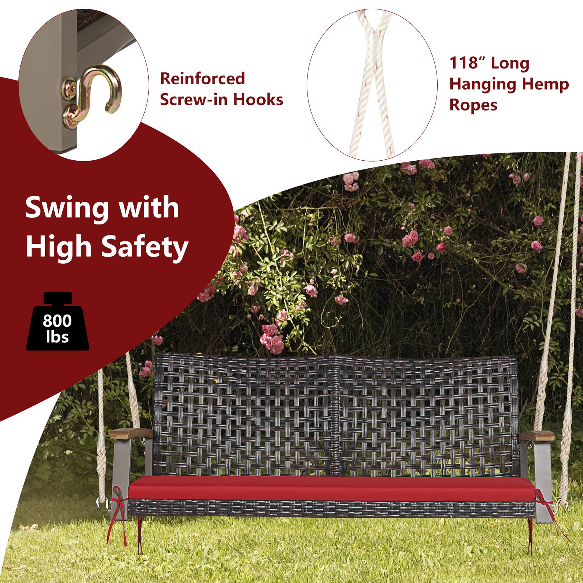 Reinforced Screw-in Hooks  
118" Long Hanging Hemp Ropes  
Swing with High Safety  
800 lbs
