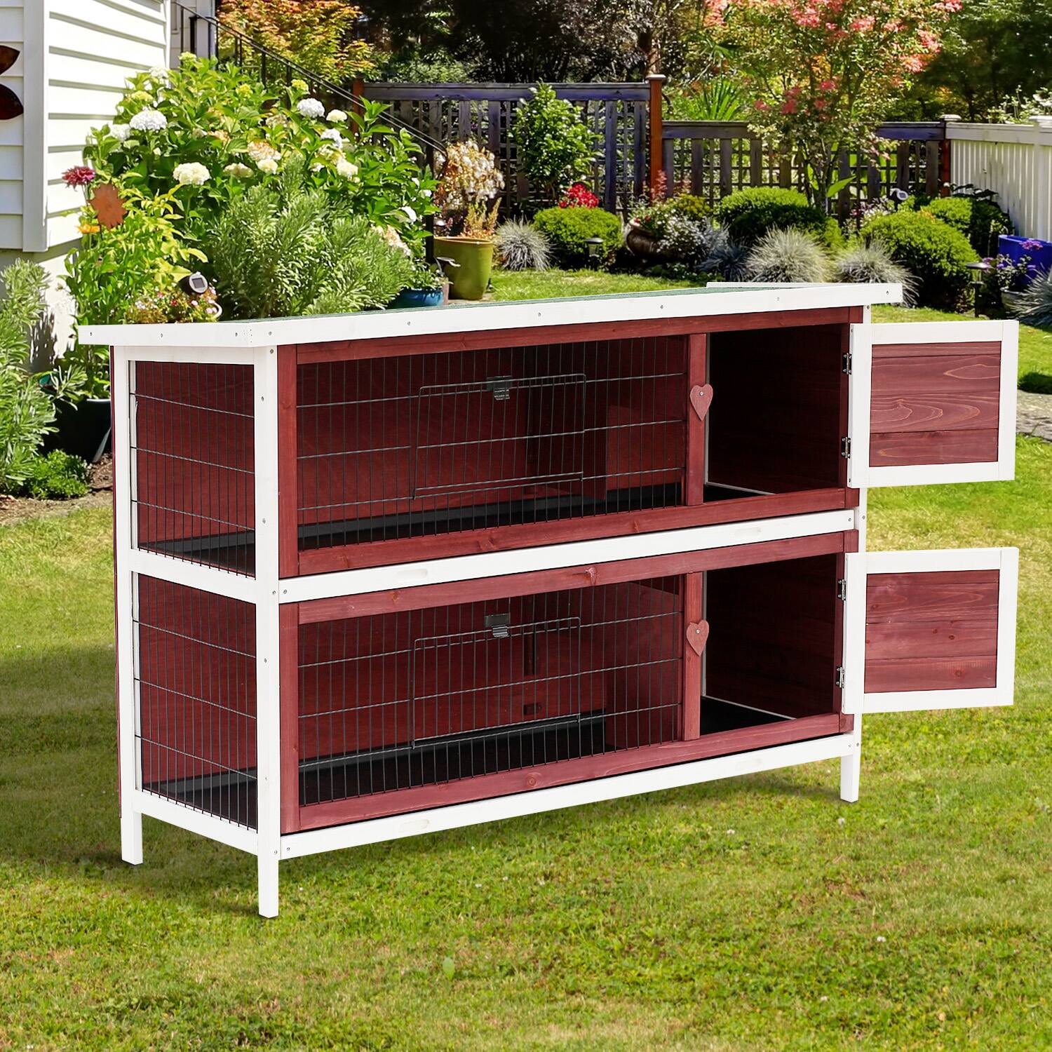 Alt View 1. Pawhut - 54" 2-Story Weatherproof Stackable Elevated Wooden Rabbit Hutch with Enclosed Run and Pull-Out - Brown.