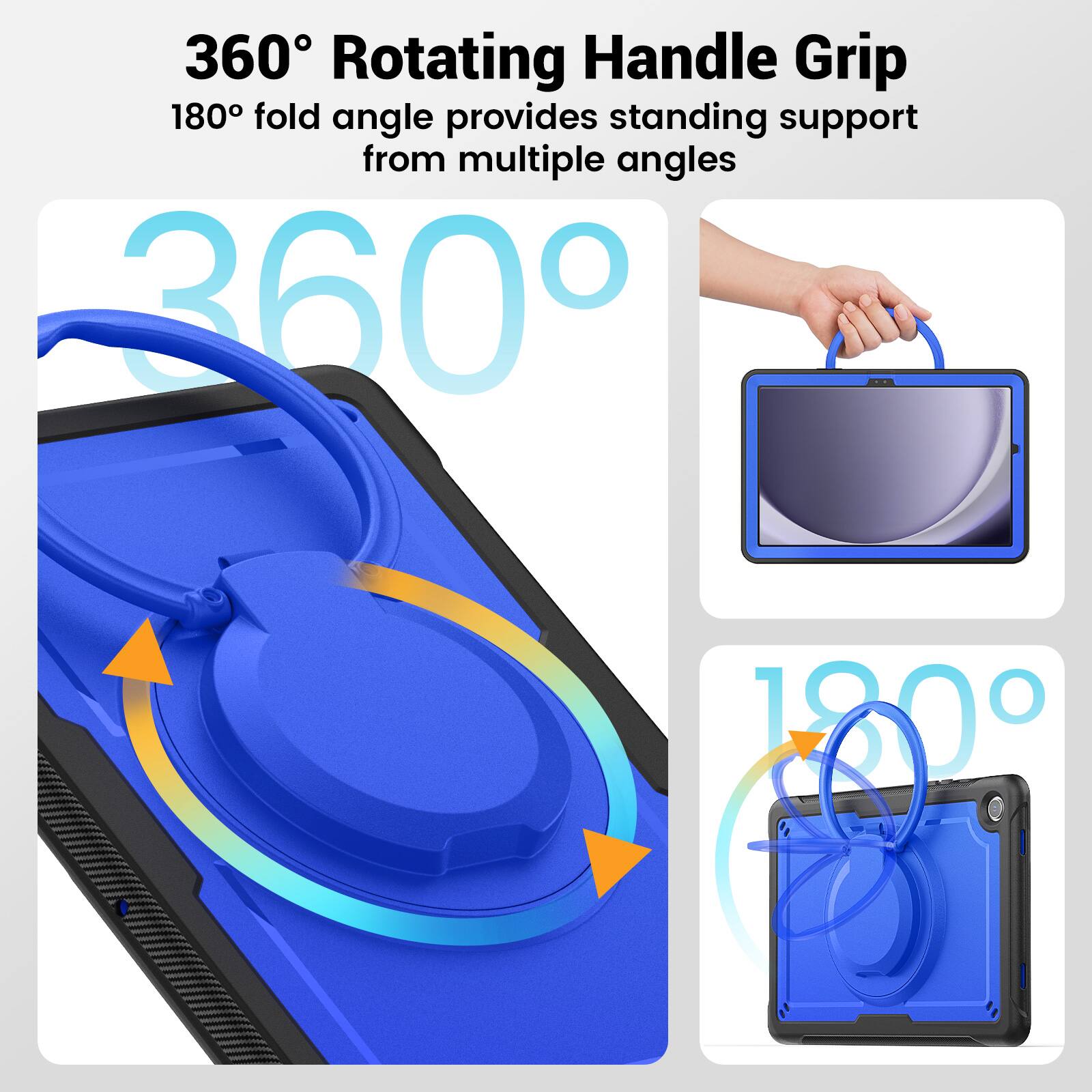 360° Rotating Handle Grip  
180° fold angle provides standing support from multiple angles