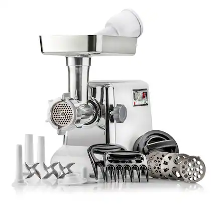 Front. STX International - Turboforce 3000 Series 5-in-1 Electric Meat Grinder | 3000W Max | 3-Speed | Size #12 | 5 Grinding Plates | 3 Stainless S - White.