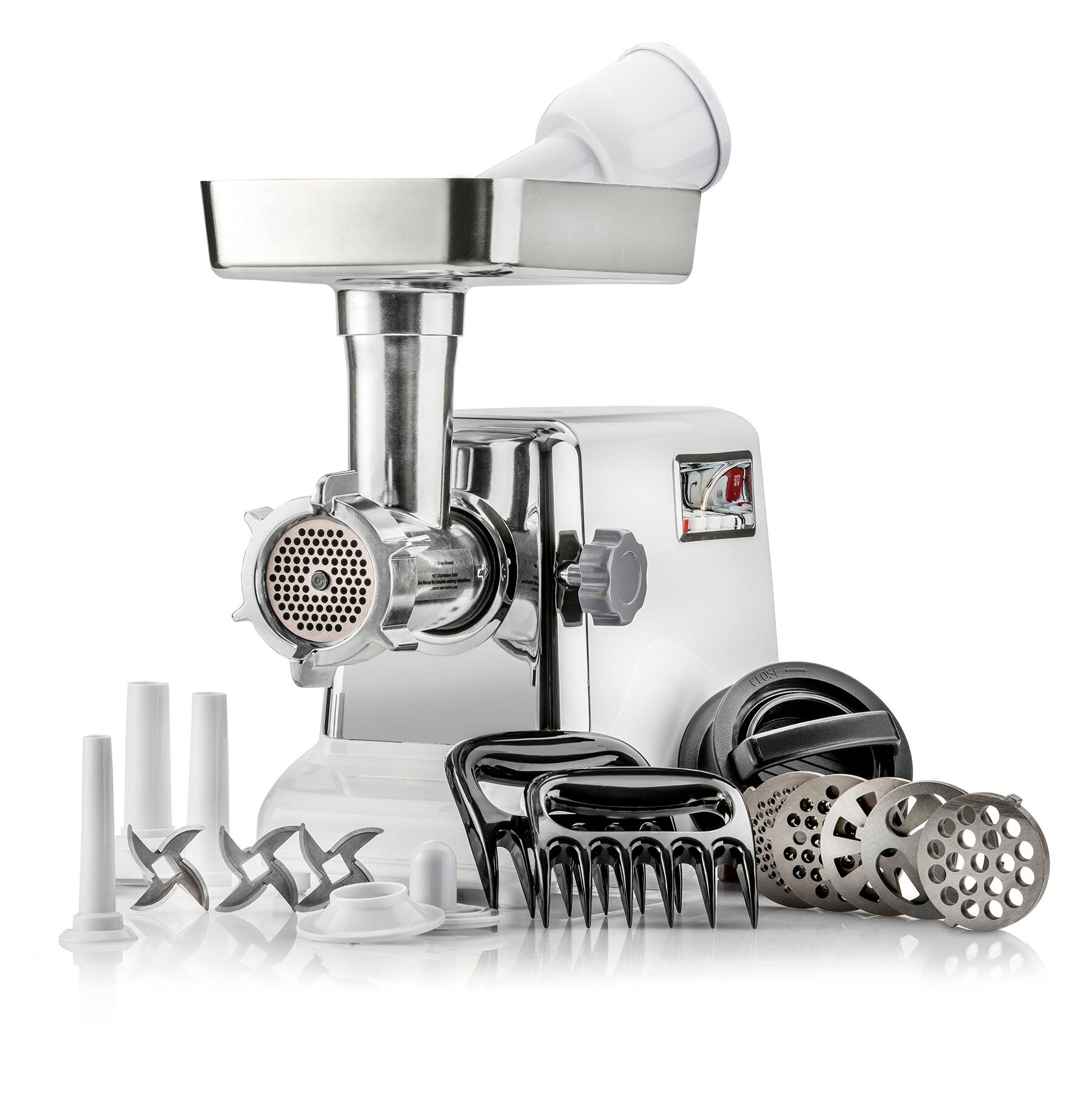 Front. STX International - Turboforce 3000 Series 5-in-1 Electric Meat Grinder | 3000W Max | 3-Speed | Size #12 | 5 Grinding Plates | 3 Stainless S - White.