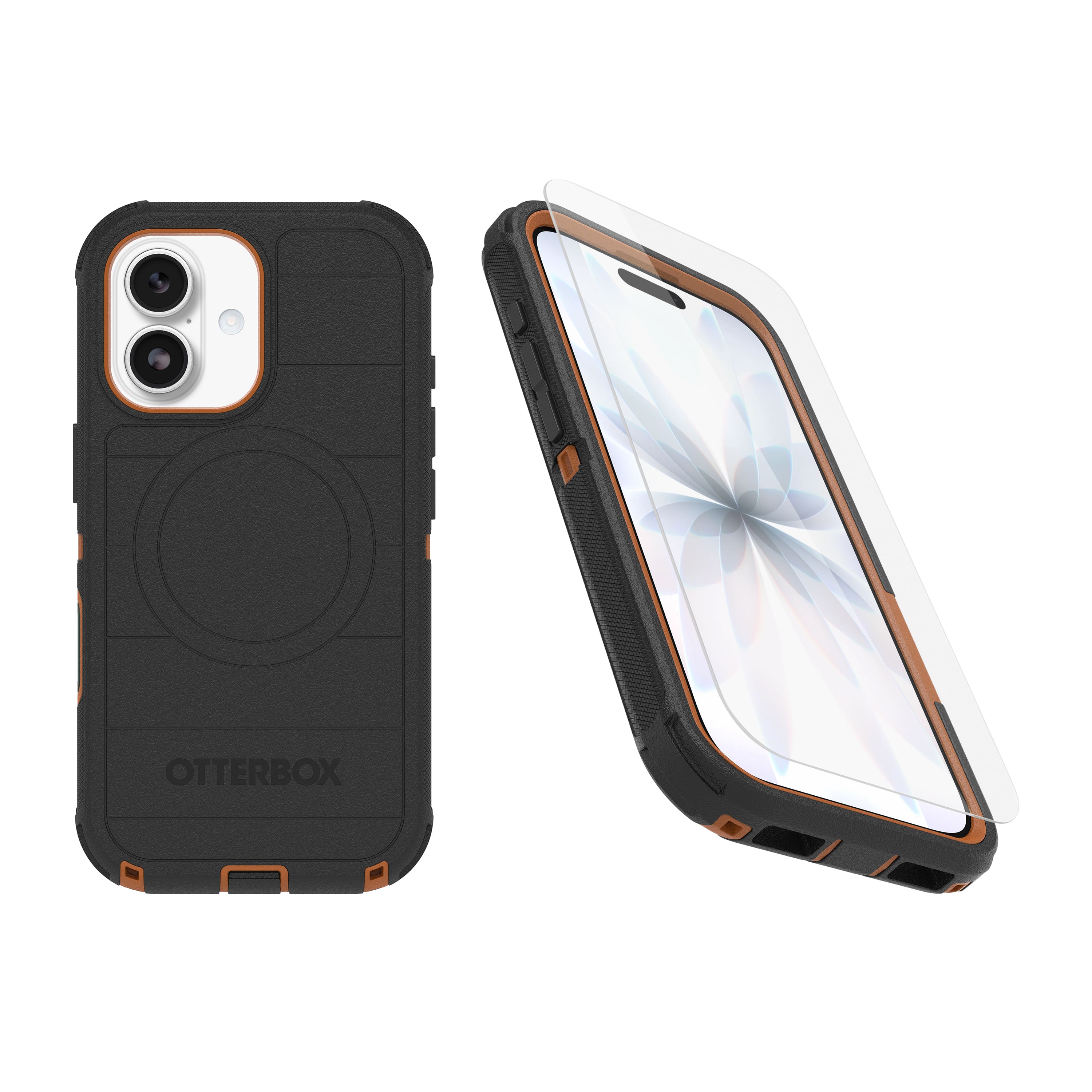 OtterBox - iPhone 17 (Only) Bundle: Defender Series Case & Screen Protector - Case Only - Rugged - Snaps on MagSafe - Black Chateau (Black & Orange)
