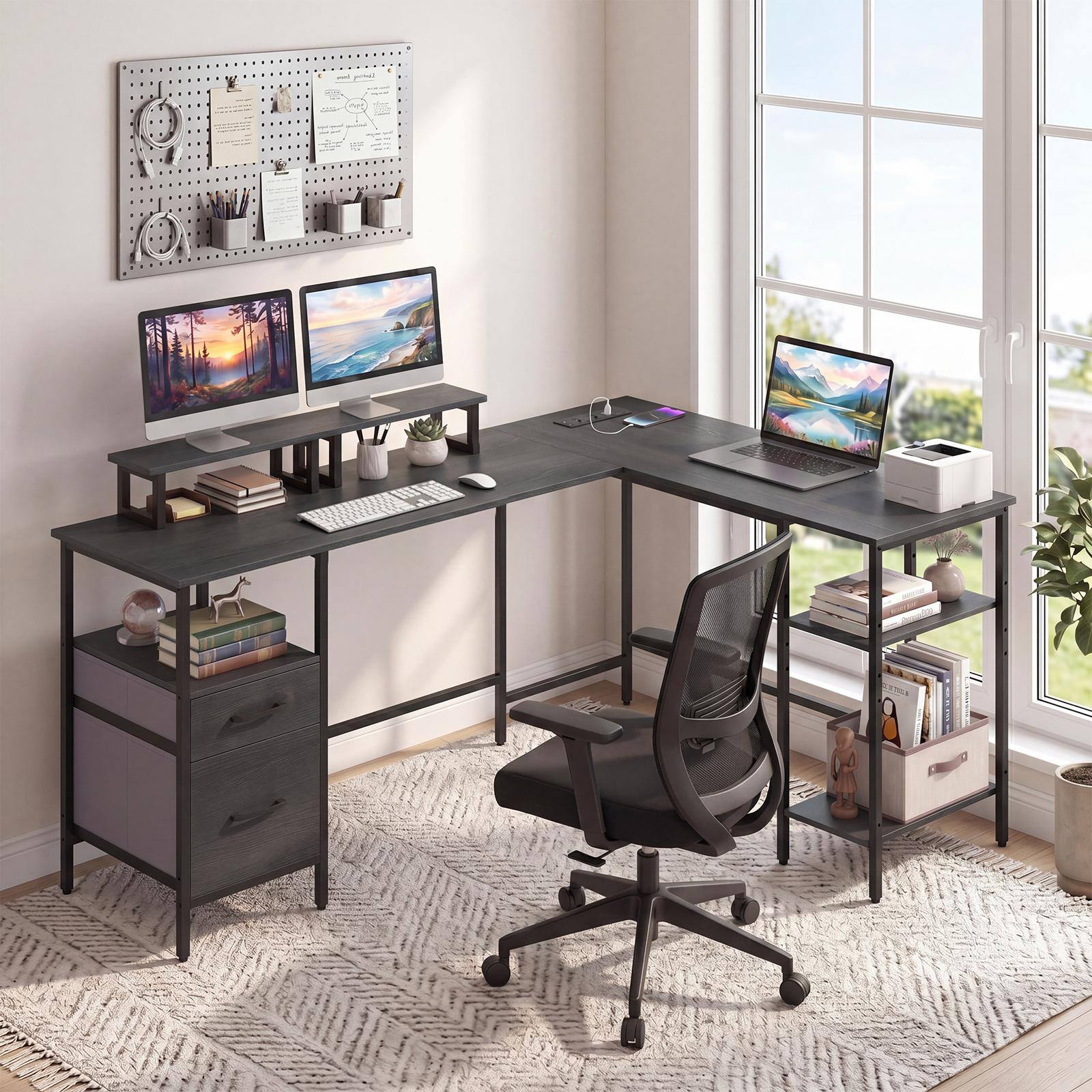 Alt View 1. Costway - Costway L Shaped Desk with Power Outlet, Reversible Computer Desk with Monitor Stands - Gray + Black.