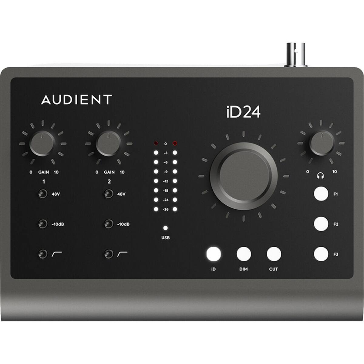 AUDIENT iD24

- GAIN 10
- GAIN 10
- 48V
- 48V
- -10dB
- -10dB
- USB
- F1
- F2
- F3
- ID
- DIM
- CUT