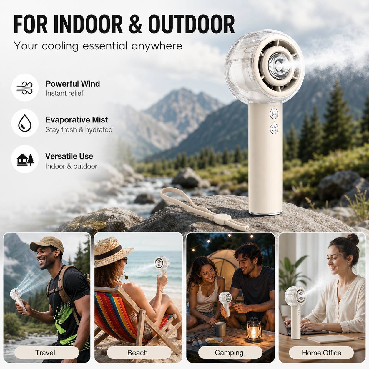 FOR INDOOR & OUTDOOR  
Your cooling essential anywhere  

Powerful Wind  
Instant relief  

Evaporative Mist  
Stay fresh & hydrated  

Versatile Use  
Indoor & outdoor  

Travel  
Beach  
Camping  
Home Office
