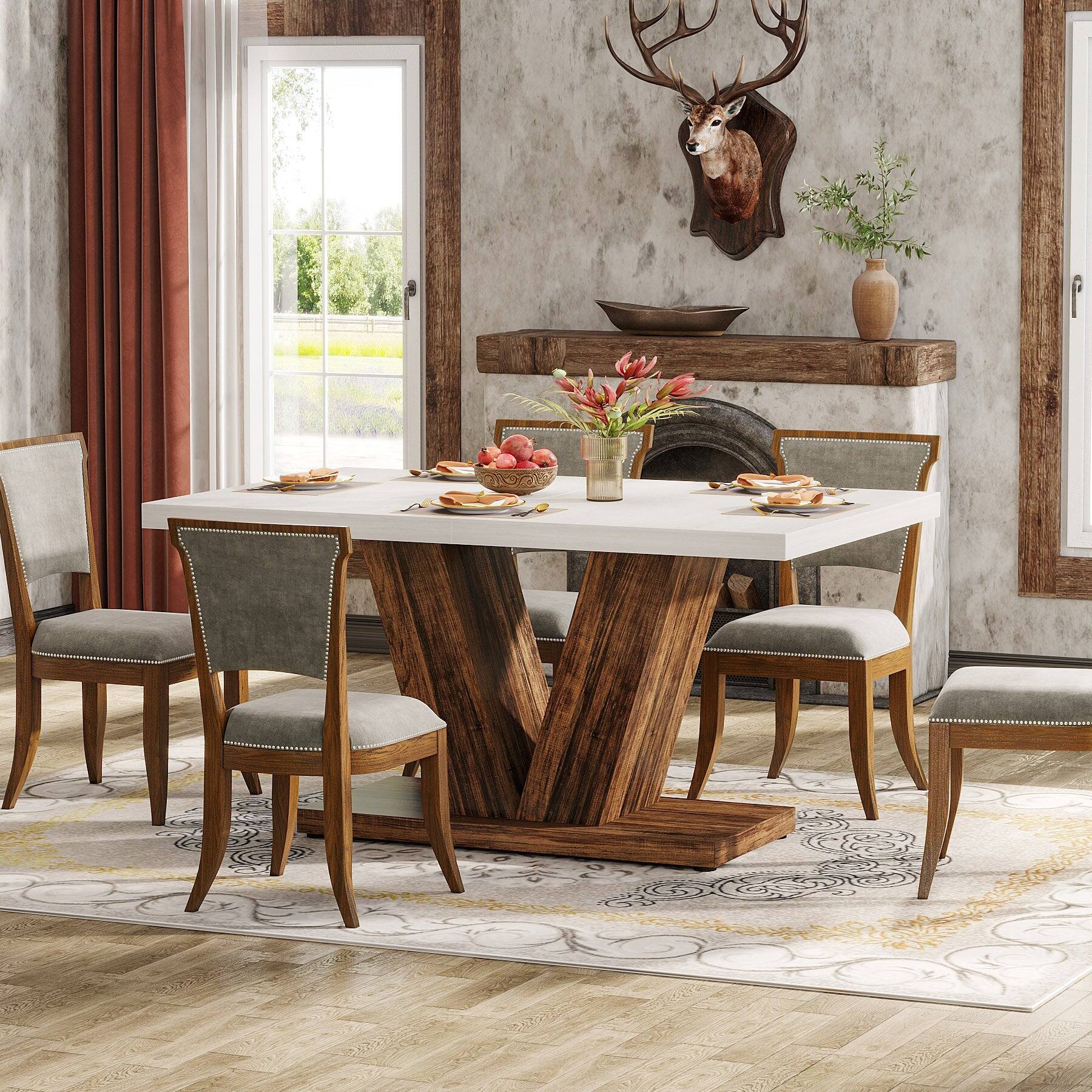 Alt View 2. Tribesigns - Farmhouse Dining Table with Space-Saving Design and Pedestal Base for Dining Room and Kitchen - White.
