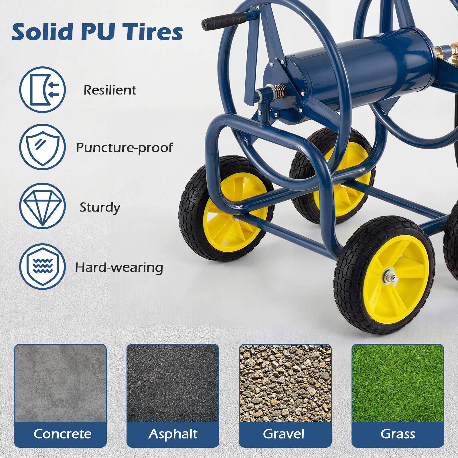 Solid PU Tires

- Resilient
- Puncture-proof
- Sturdy
- Hard-wearing

Concrete
Asphalt
Gravel
Grass
