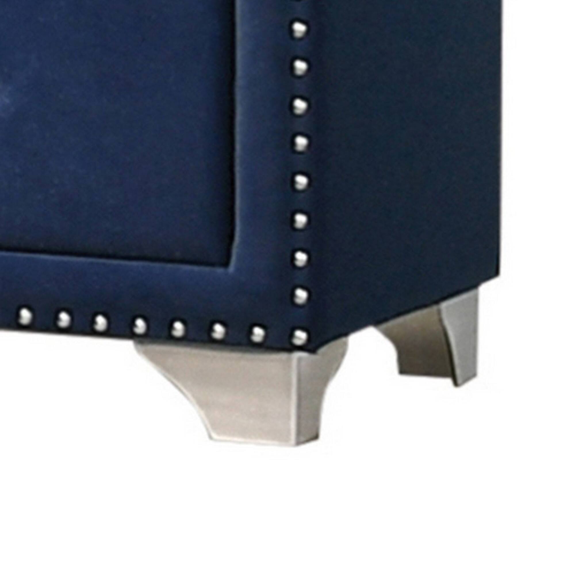Left. Manhattan Lane - Cale 26 Inch Modern Wood Nightstand, Velvet Upholstered, Nailhead - Blue, Chrome.