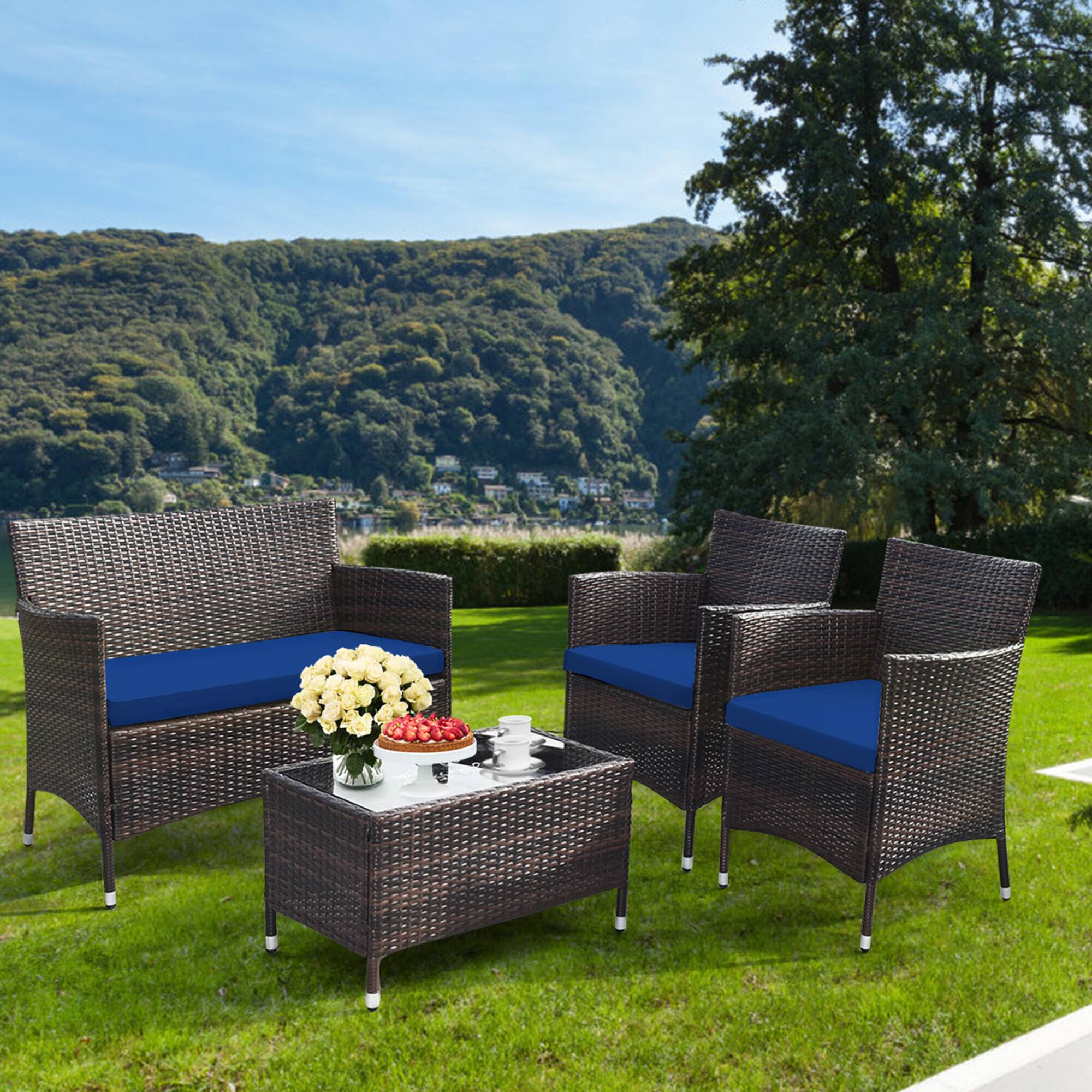 Alt View 2. Gymax - Gymax 4PCS Patio Rattan Conversation Furniture Set Outdoor w/ Navy Cushion - Navy.