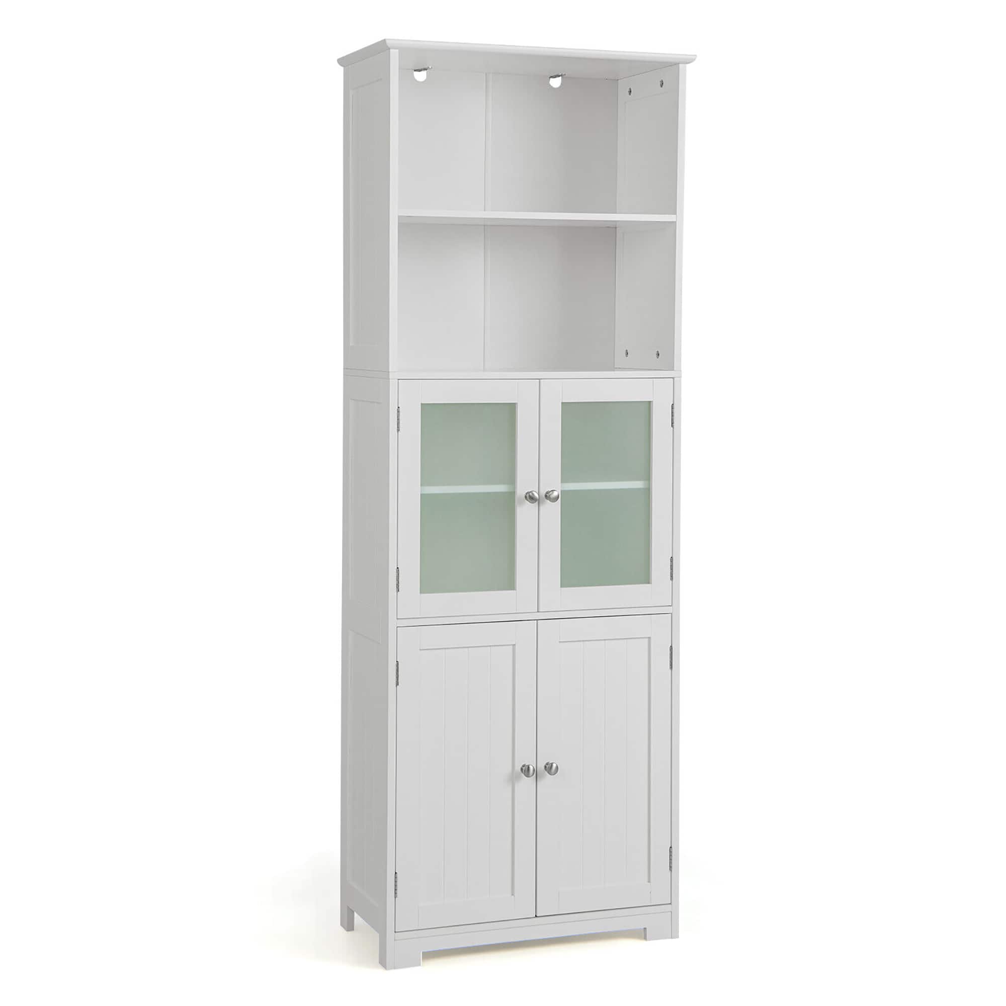 Gymax - Bathroom Tall Storage Cabinet Linen Tower w/ Glass Door & Adjustable Shelf - White