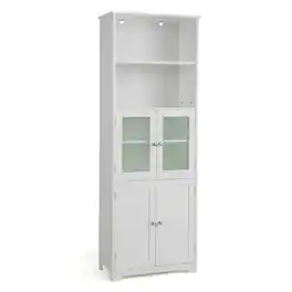 Gymax - Bathroom Tall Storage Cabinet Linen Tower w/ Glass Door & Adjustable Shelf - White