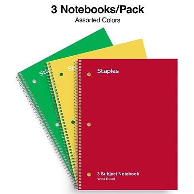 3 Notebooks/Pack  
Assorted Colors  

Staples  
3 Subject Notebook  
Wide Ruled
