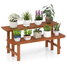 Costway - 2 Tier Wood Plant Stand with Teak Oil Finish Indoor & Outdoor Flower Pot Holder - Brown