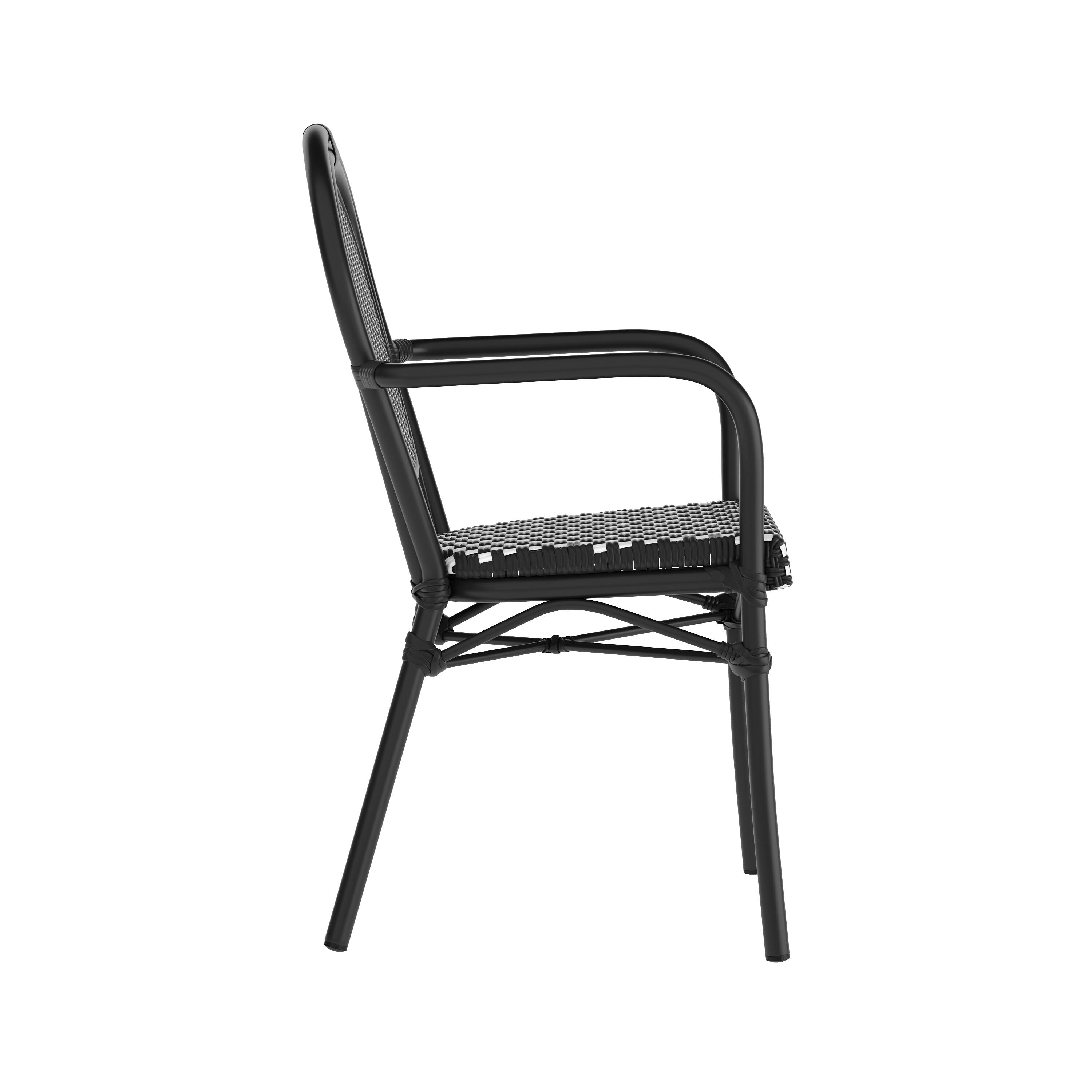 Left. Flash Furniture - Lourdes Indoor/Outdoor Commercial Thonet Bistro Stacking Chair with Arms, Black and White PE Rattan and Black Aluminum F - Black.
