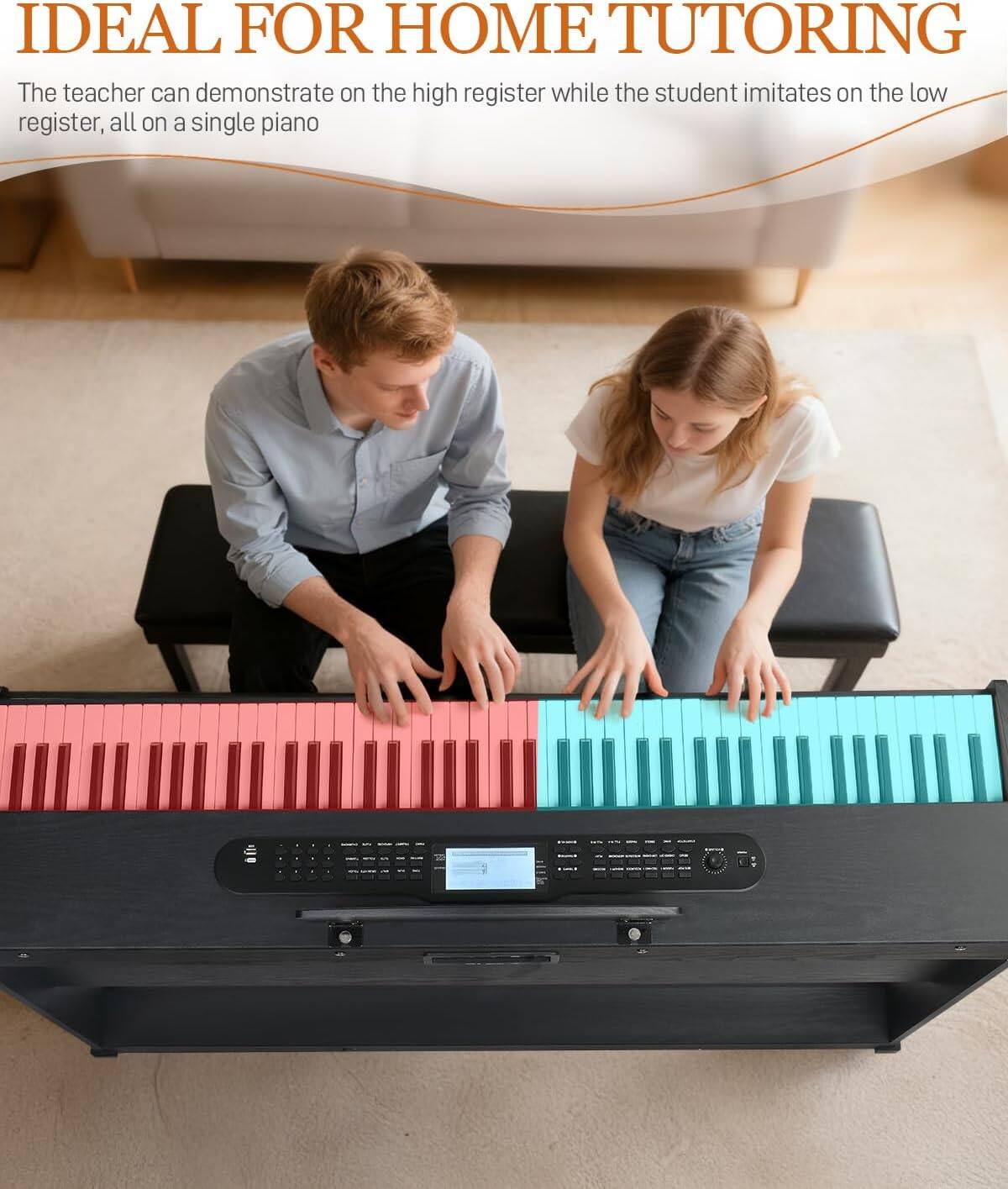 IDEAL FOR HOME TUTORING

The teacher can demonstrate on the high register while the student imitates on the low register, all on a single piano