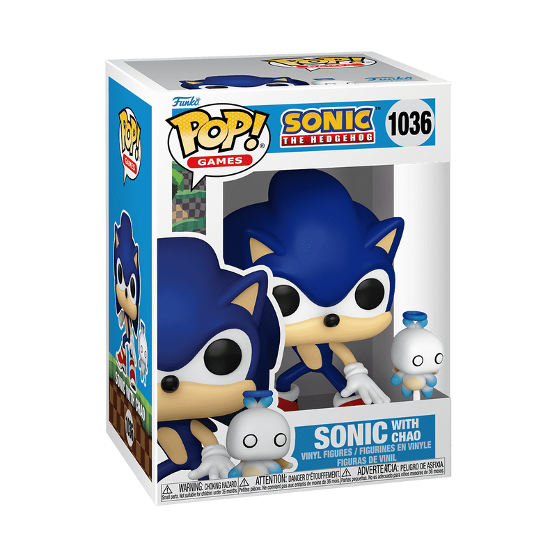 Sure, here is the corrected and grouped text from the image:

---

**Top Left:**
- Funko
- POP! GAMES

**Top Center:**
- SONIC THE HEDGEHOG
- 1036

**Center:**
- SONIC WITH CHAO
- VINYL FIGURES / FIGURINES EN VINYLE
- FIGURAS DE VINIL / FIGURAS DE VINIL

**Bottom Left:**
- WARNING: CHOKING HAZARD - Small parts. Not for children under 3 years.
- ATTENTION: PELIGRO - Piezas pequeñas. No es para menores de 3 años.
- ADVERTÊNCIA: PELOIGURO - Peças pequenas. Não é para menores de 3 anos.

**Bottom Center:**
- SONIC WITH CHAO

**Bottom Right:**
- WARNING: CHOKING HAZARD - Small parts. Not for children under 3 years.
- ATTENTION: PELIGRO - Piezas pequeñas. No es para menores de 3 años.
- ADVERTÊNCIA: PELOIGURO - Peças pequenas. Não é para menores de 3 anos