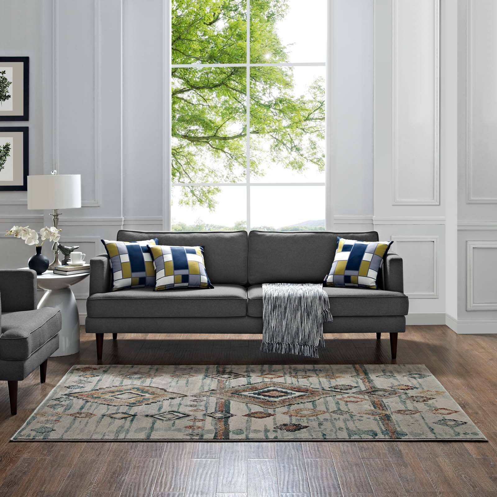 Left. Modway - Jenica Distressed Moroccan Tribal Abstract Diamond Area Rug - Silver Blue Beige and Brown.