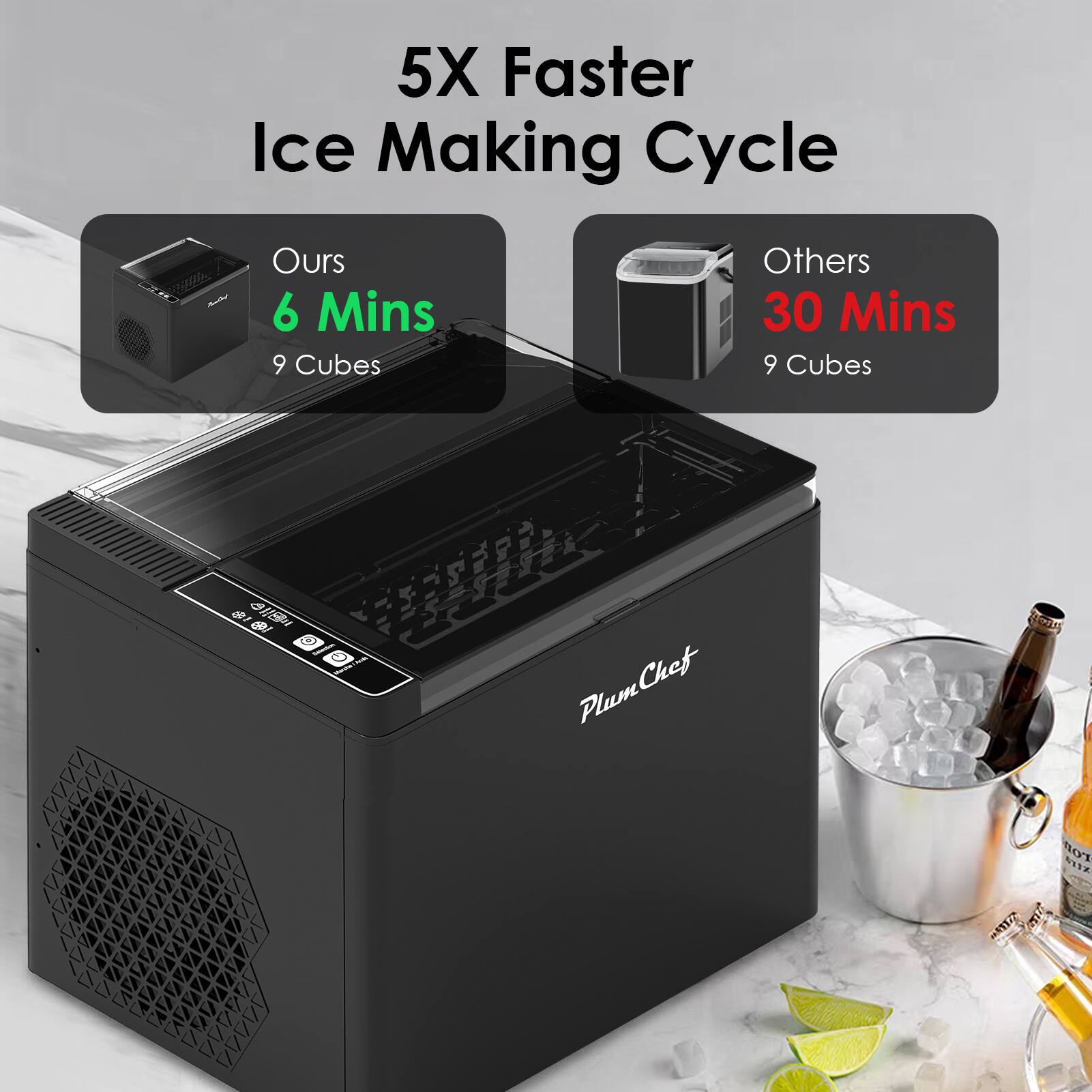 5X Faster Ice Making Cycle  
Ours: 6 Mins, 9 Cubes  
Others: 30 Mins, 9 Cubes  

Plum Chef