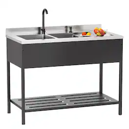 Winado - Freestanding Stainless Steel Sink Commercial Utility Sink with Dual Basins for In/Outdoor Food Prep & Dishwashing Areas - Black/Silver