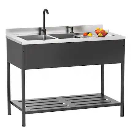 Front. Winado - Freestanding Stainless Steel Sink Commercial Utility Sink with Dual Basins for In/Outdoor Food Prep & Dishwashing Areas - Black & Silver.