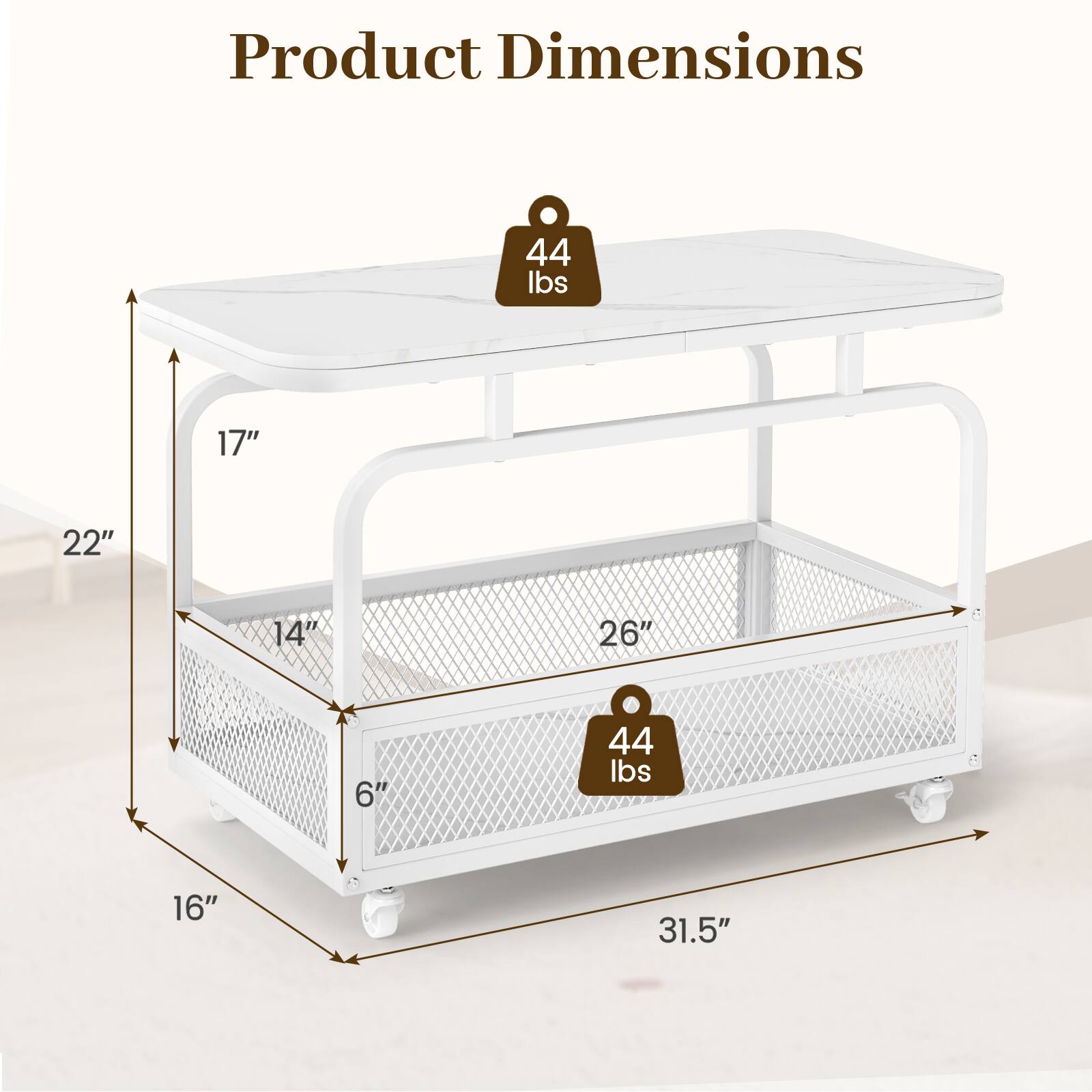 Product Dimensions
44 lbs
17"
22"
14"
26"
6"
44 lbs
16"
31.5"