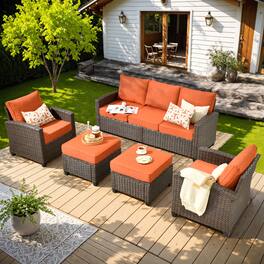 Ovios - 5 PCS Patio Furniture Set Comfy 3 Seat Sofa with Armchairs and Ottomans for Balcony - Orange Red
