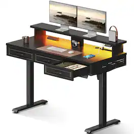 OffiGo - 48 Inch Electric Standing Desk with 3 Wooden Drawers, Height Adjustable Sit Stand Table with Power Outlets & LED Lights - Black
