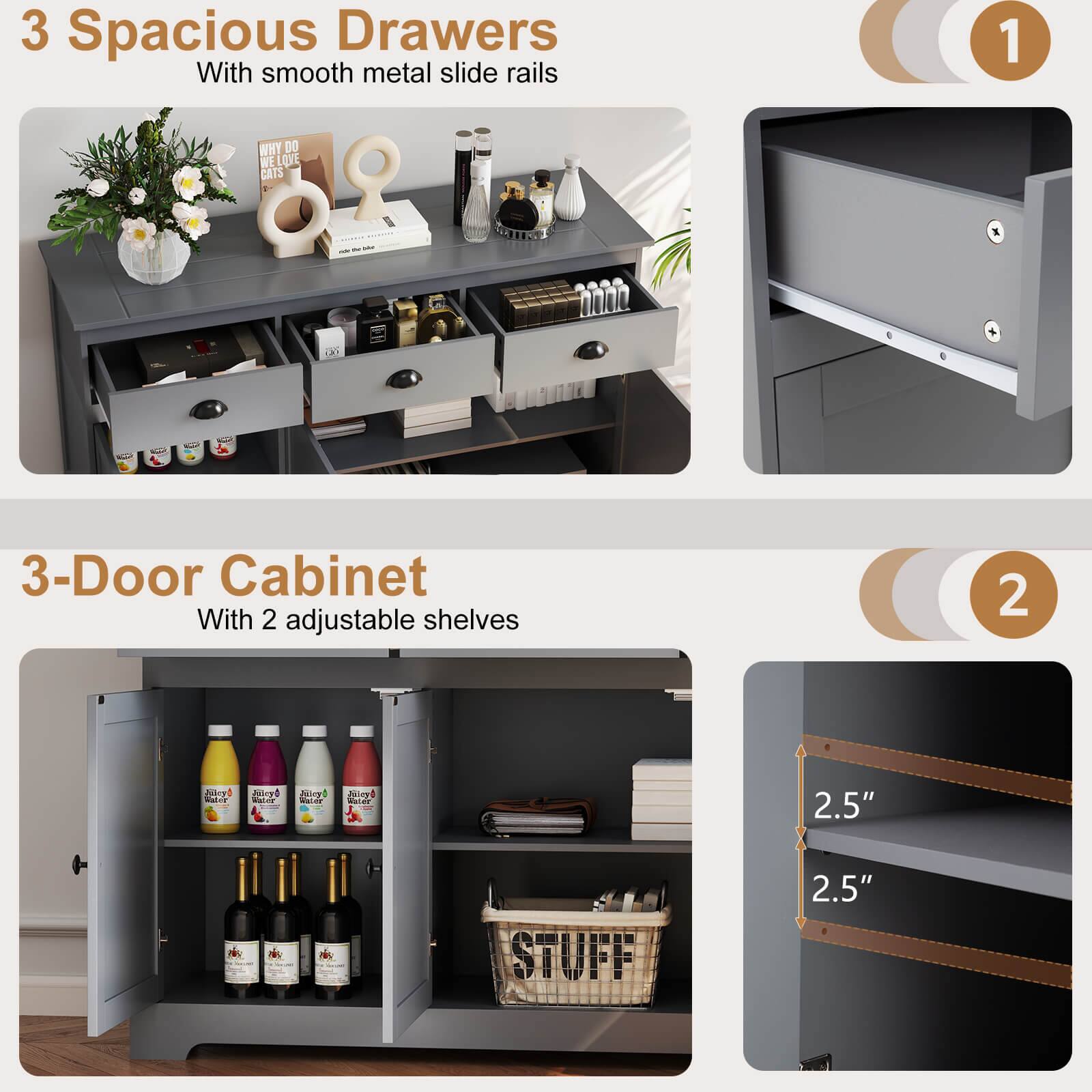 3 Spacious Drawers With smooth metal slide rails 1
3-Door Cabinet With 2 adjustable shelves 2 2.5" 2.5"