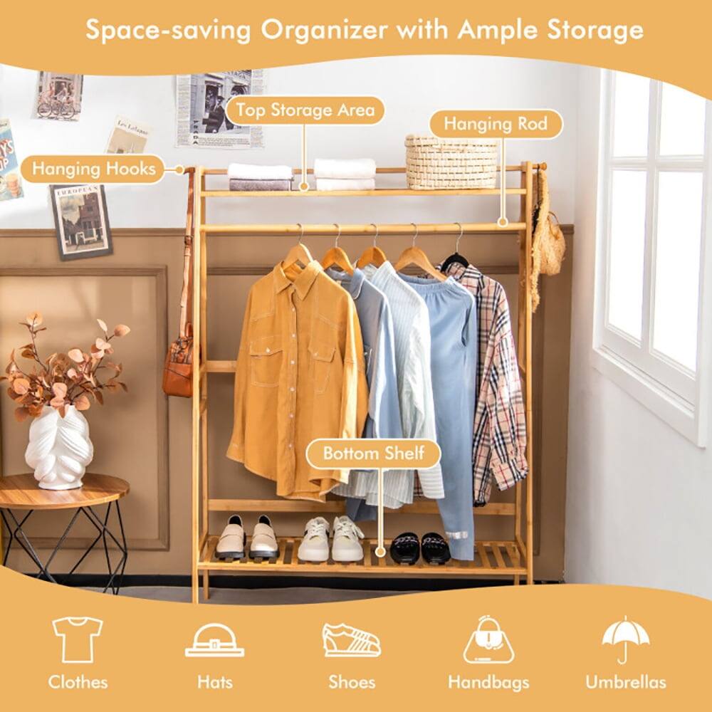 Space-saving Organizer with Ample Storage

- Top Storage Area
- Hanging Hooks
- Hanging Rod
- Bottom Shelf

Clothes, Hats, Shoes, Handbags, Umbrellas