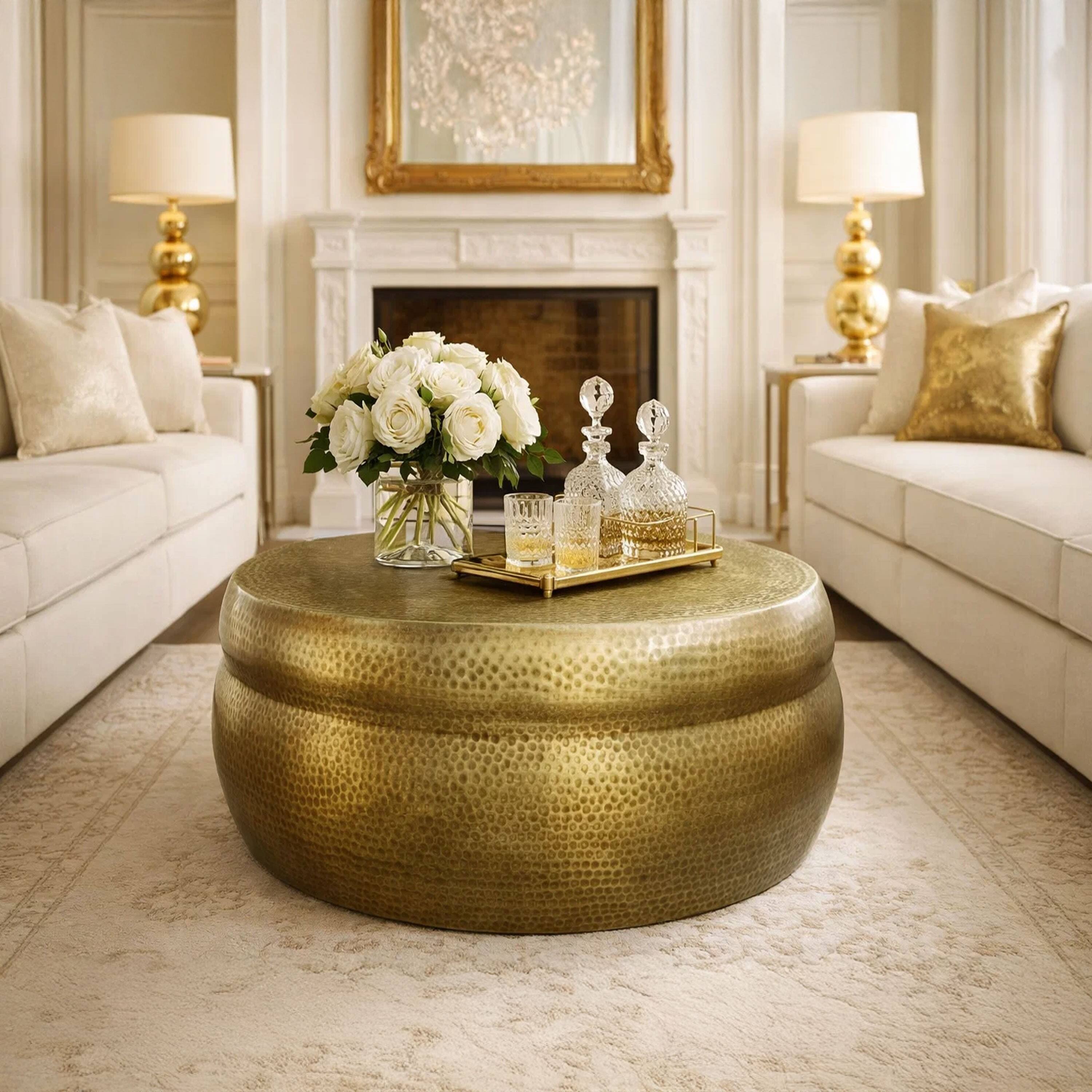 Alt View 8. Manhattan Lane - 32 Inch Artisanal Round Drum Coffee Table, Hammered Embossed Texturing, Aluminum - Brass.