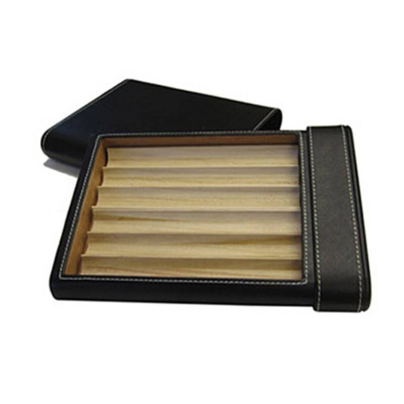 Angle. Prestige - 6 Cigar Leather Case Humidor - Black Leather Finish.