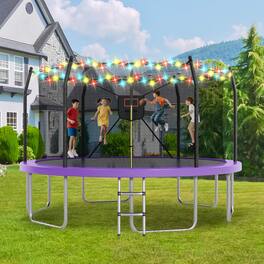 Whisen - 14FT Outdoor Trampoline with LED Lights,Basketball Hoop and Safety Enclosure - Purple